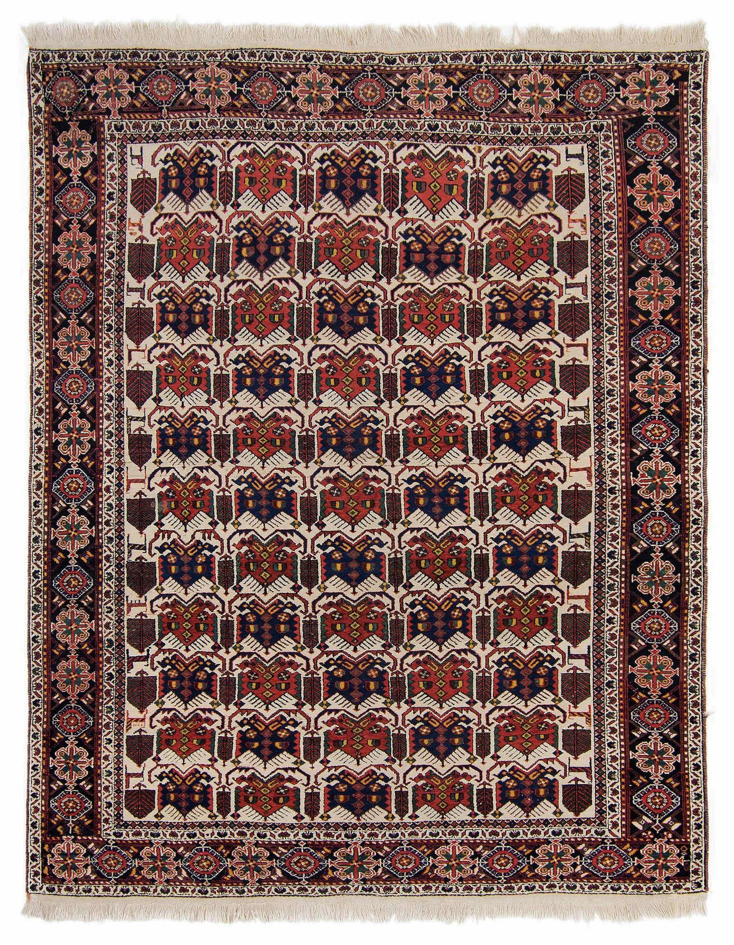 A 4x6 rectangular Shahrebabek Persian rug with a repeating pattern of red and navy motifs on a cream background, framed by an intricate brown border.