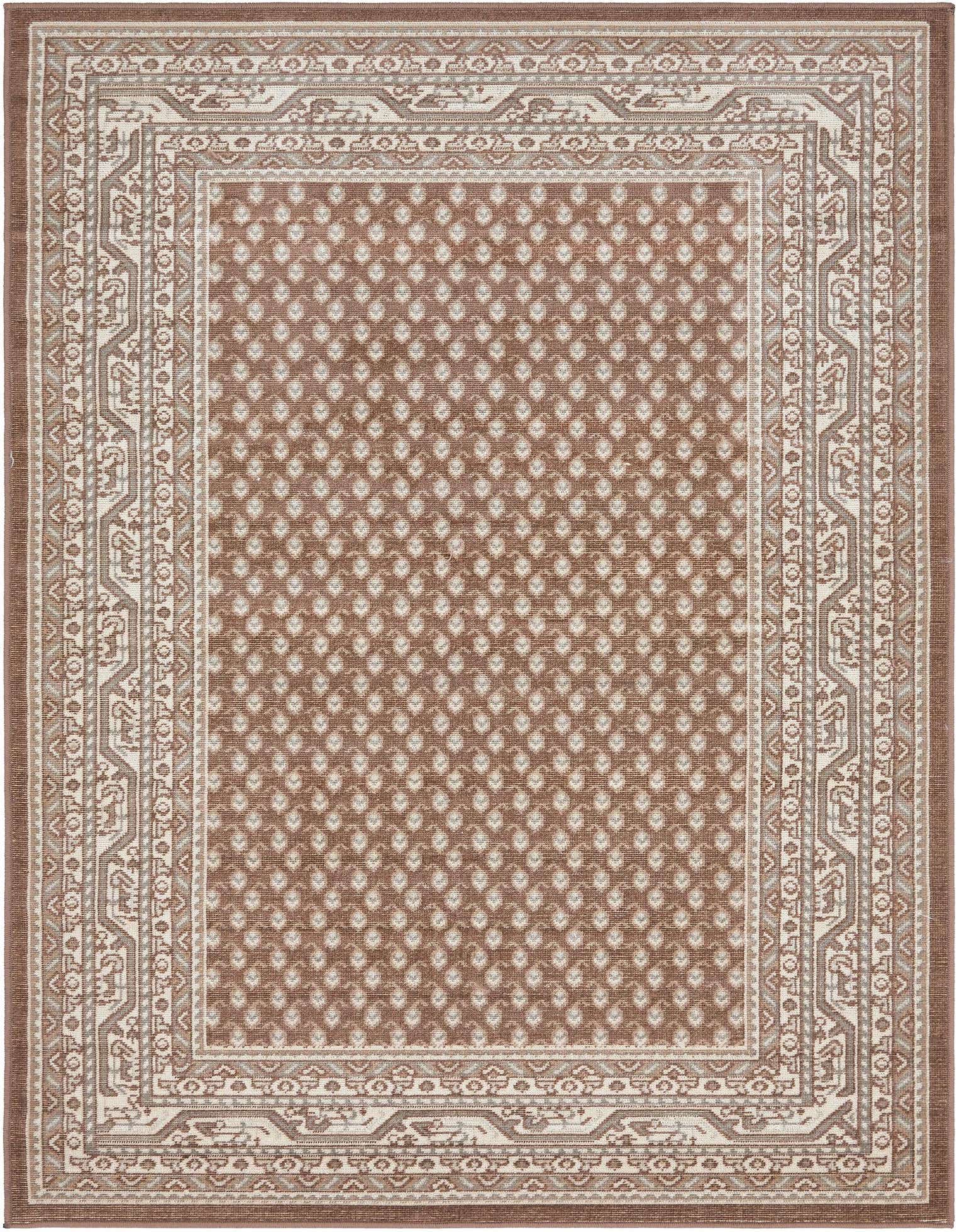 A 9x12 rectangular brown Southwestern rug with a detailed tan and grey border, suitable for a living room.