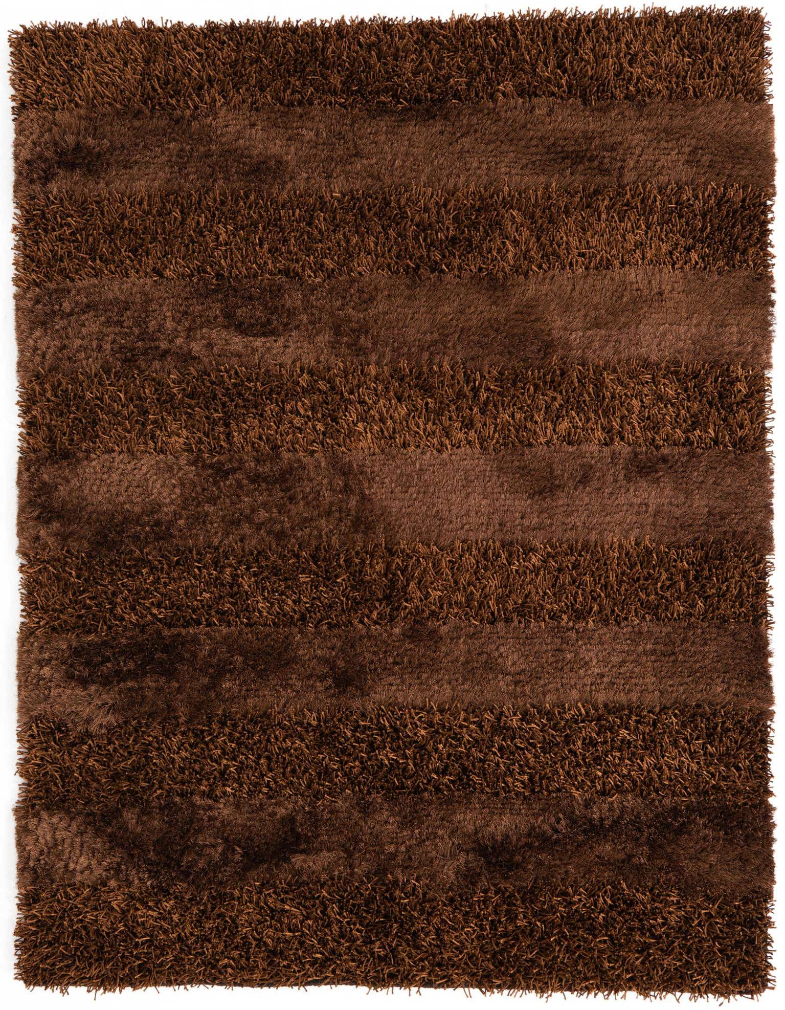 A 5x7 rectangular brown shag rug with alternating bands of plush and textured pile, suitable for indoor spaces.