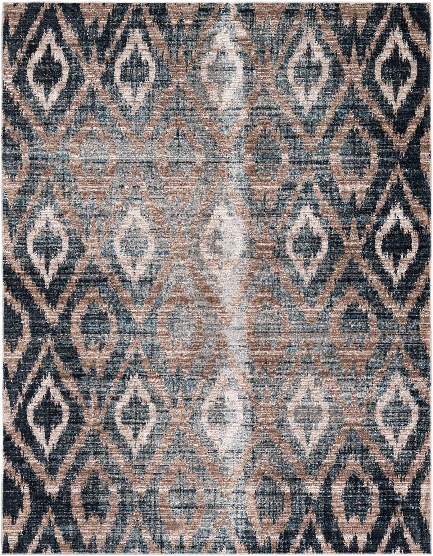 A 5x8 rectangular modern area rug featuring a distressed ikat pattern in shades of brown, tan, and blue.