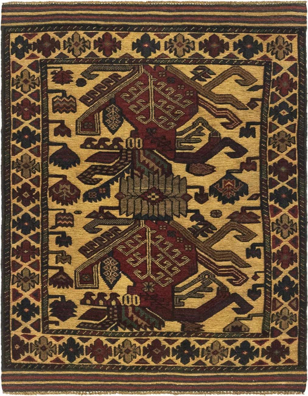 A 3x4 rectangular Sumak wool rug featuring a traditional pattern in shades of brown, tan, and deep red.