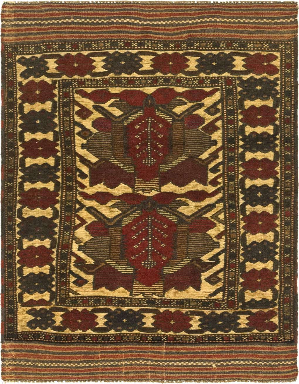 A 3x5 rectangular Sumak rug with a traditional medallion pattern in shades of brown, tan, and deep red.