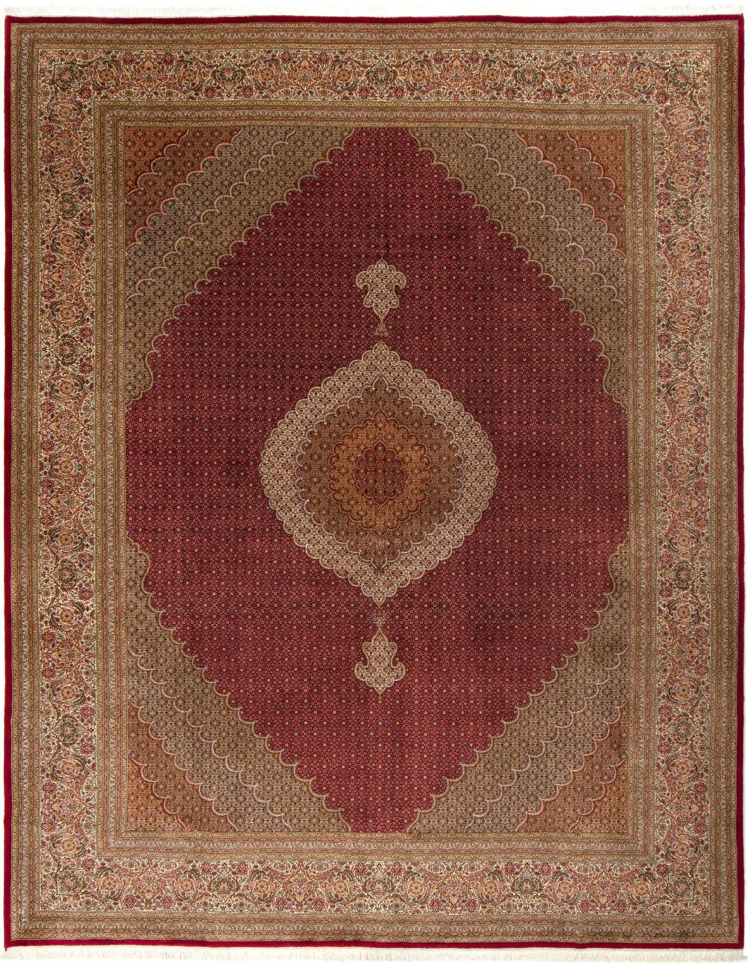 A large 10x13 rectangular Persian Tabriz Mahi rug in rich browns and tans, featuring an intricate floral medallion pattern.