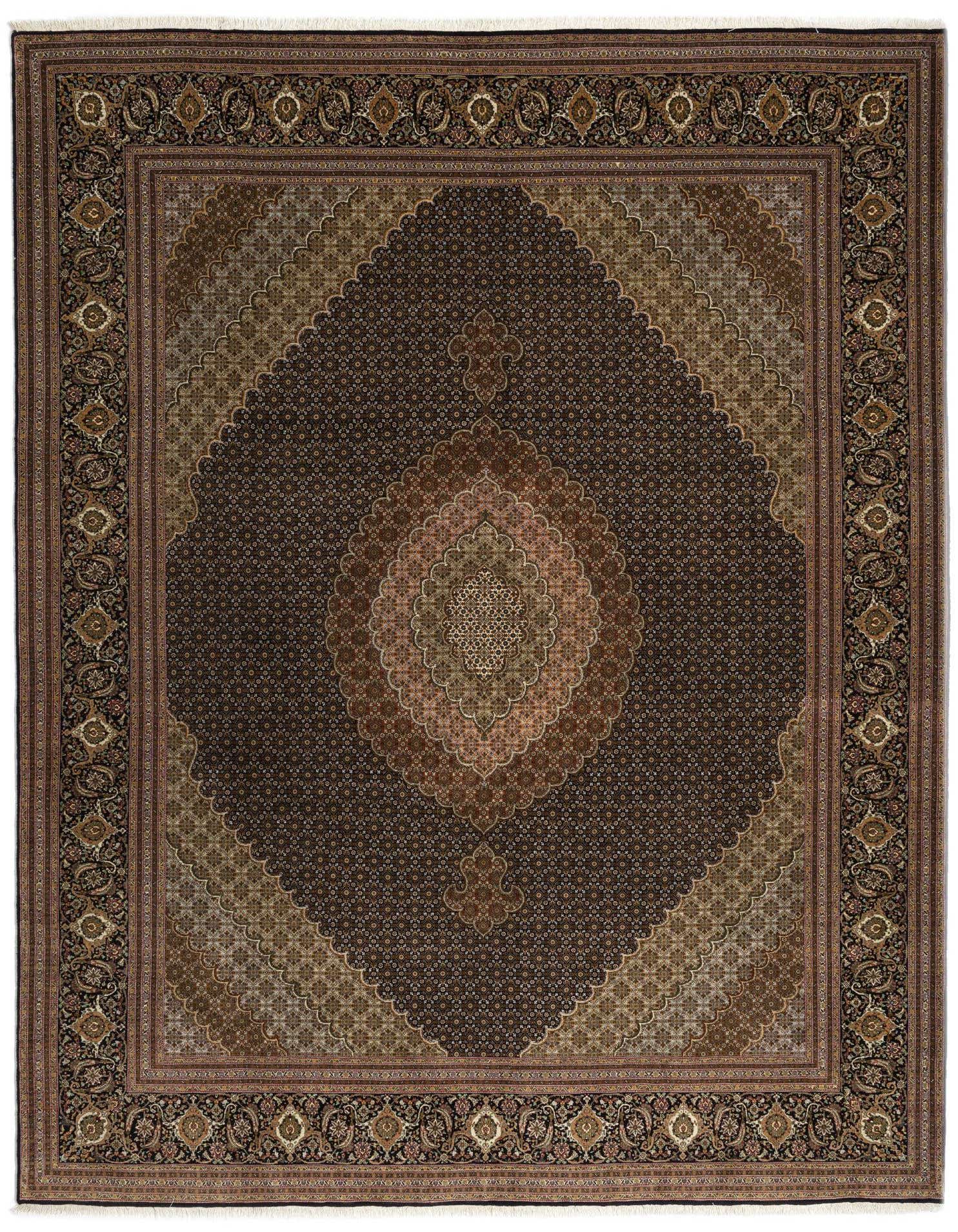 A 10x13 rectangular Tabriz Mahi Persian rug in rich browns and tans, featuring an intricate central medallion and ornate border.