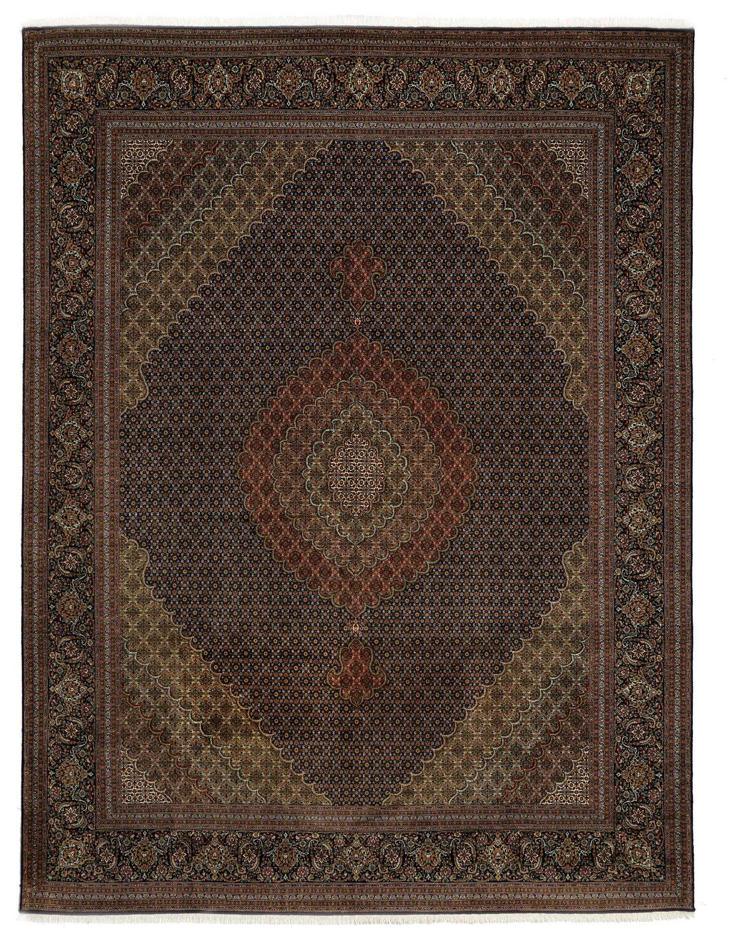 A 10x13 rectangular Tabriz Mahi Persian rug featuring a complex central medallion and intricate floral patterns in shades of brown, tan, and black.