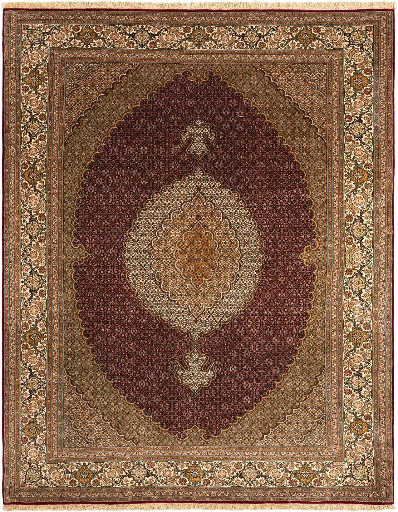 A 7x10 rectangular Tabriz Mahi Persian rug featuring an intricate medallion design in rich browns, tans, and creams.