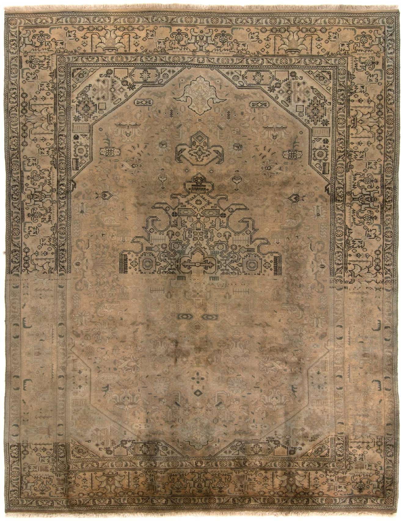 A 6x9 rectangular brown Persian wool rug with intricate tan and dark brown traditional patterns, ideal for a living room.