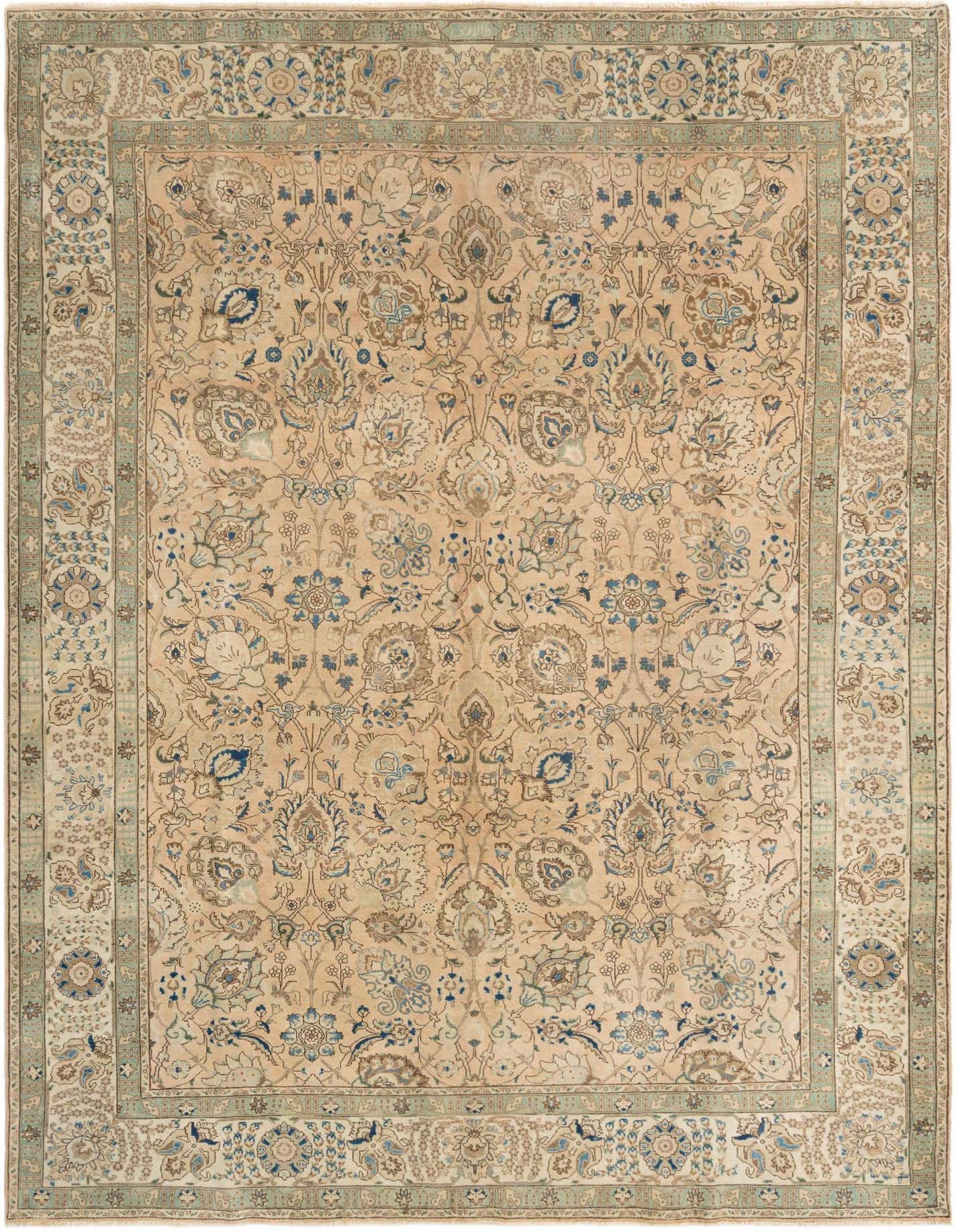 A 9x12 rectangular Tabriz rug in shades of brown and tan, featuring an intricate traditional floral pattern with blue accents, ideal for a living room.