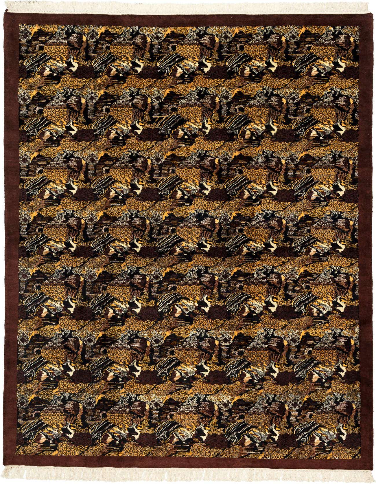 A 7x10 rectangular indoor rug with a modern oriental medallion pattern in shades of brown and tan, featuring a medium pile and handmade wool construction.