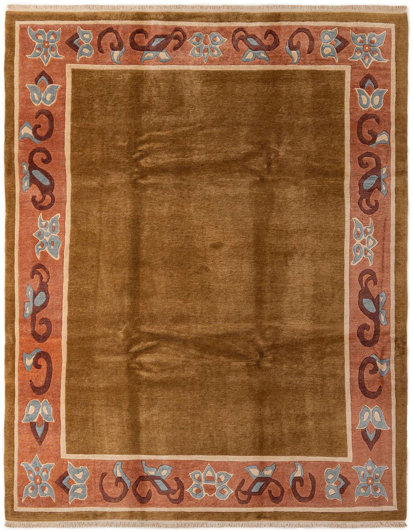 An 8x11 rectangular brown wool rug with a modern oriental border in shades of tan, light blue, and rust.