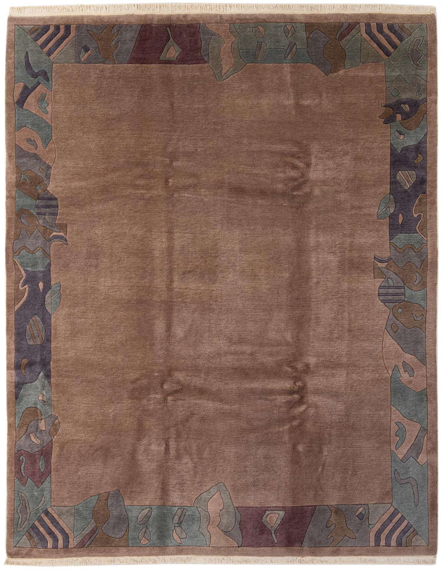 A rectangular 8x11 brown wool area rug with a modern abstract border in muted blue, green, and purple tones.