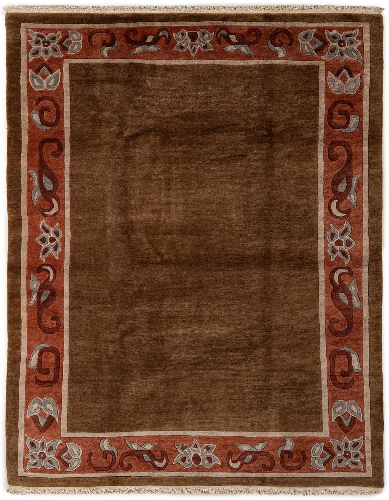 A 7x10 rectangular brown wool area rug with a modern oriental border in shades of rust, tan, and gray, suitable for a living room.