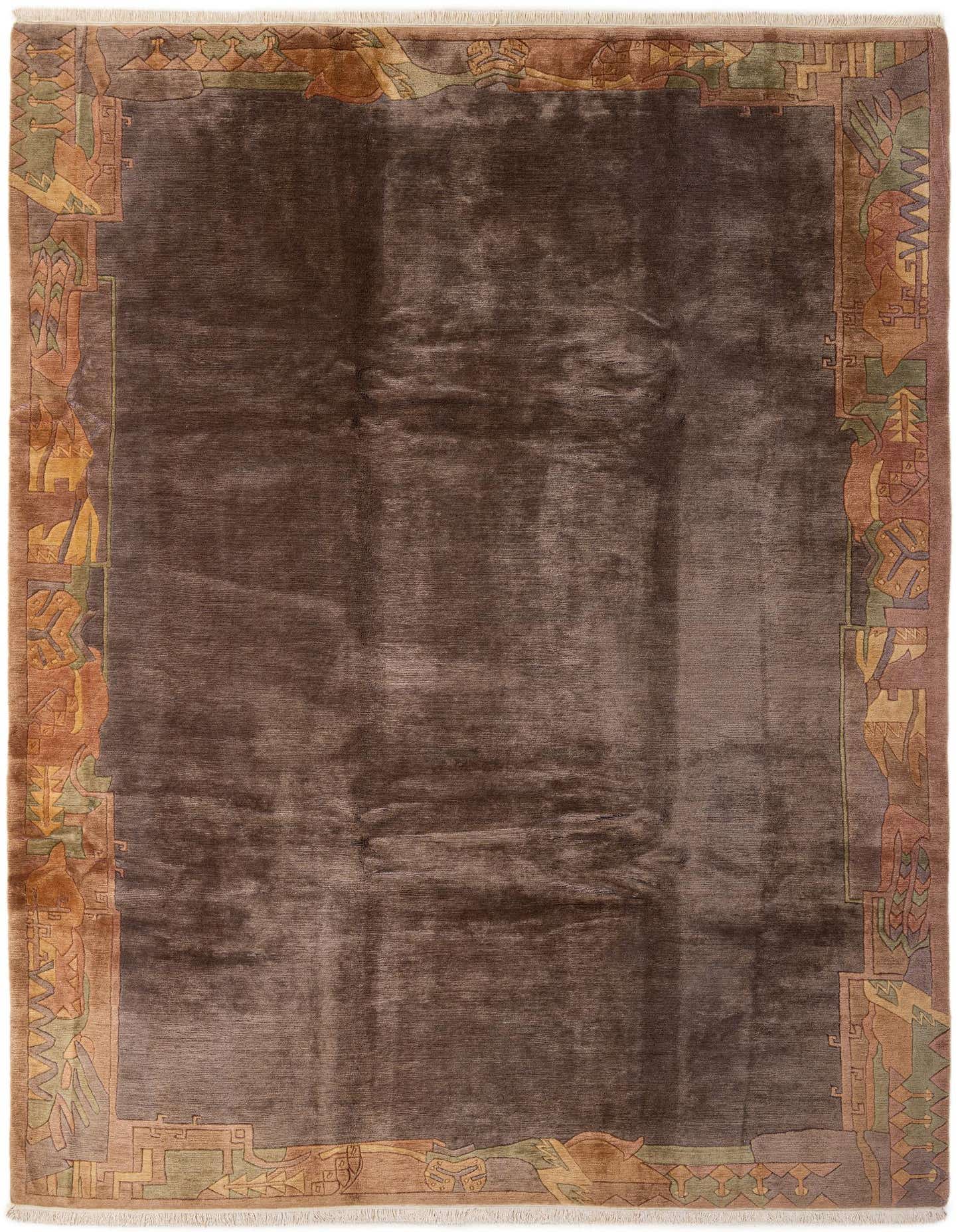 A rectangular 8x11 Rugs.com Tibet brown wool rug with a modern oriental border in tans and greens.