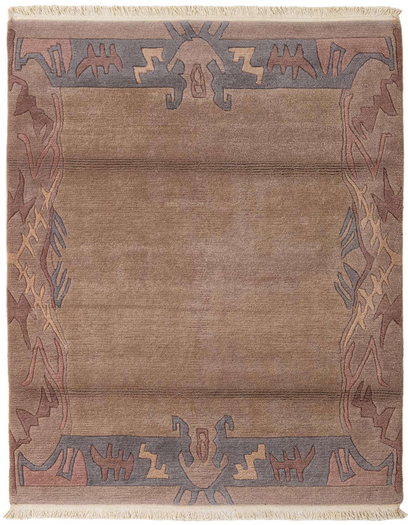 A 4x6 rectangular brown wool rug with a modern abstract border in tan, blue, and reddish-brown, suitable for a living room.