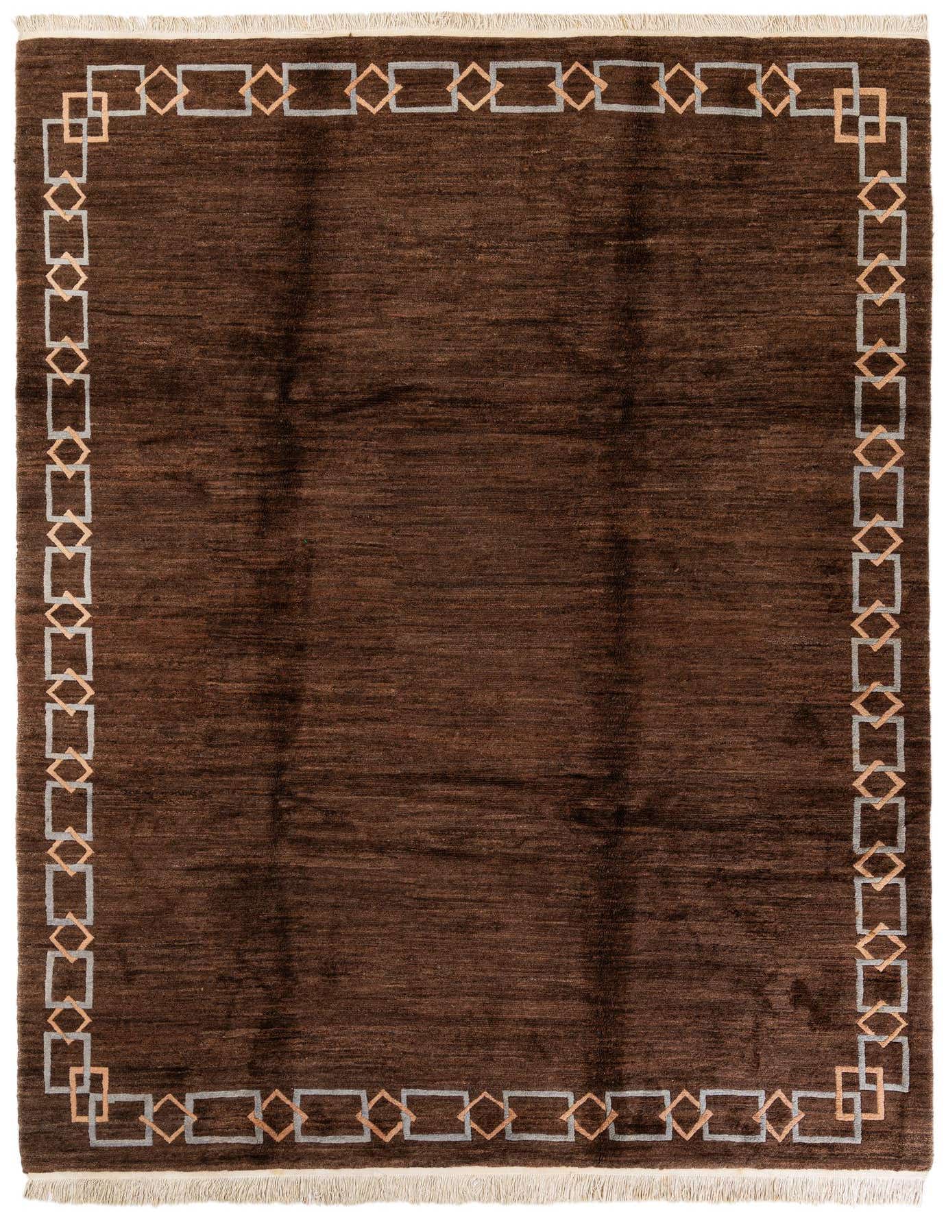 A rectangular 8x11 brown modern wool rug with a light brown and grey interlocking geometric border, suitable for a living room.