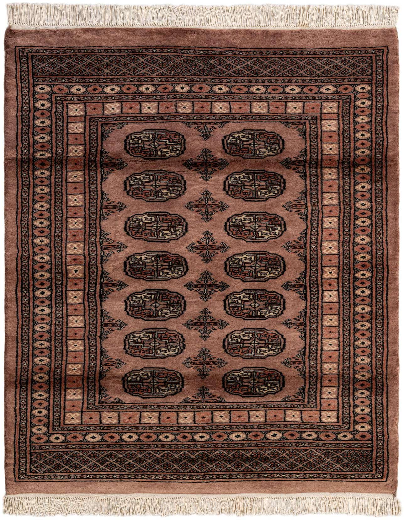 A 4x6 rectangular Torkaman rug in shades of brown and tan, featuring traditional Persian patterns and fringe.