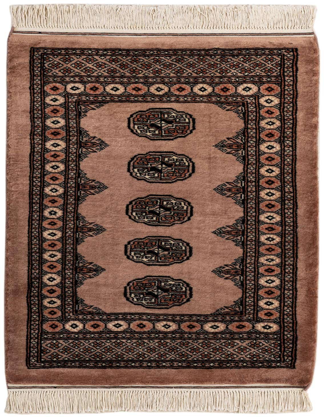 A 3x4 rectangular Torkaman wool rug featuring traditional Persian patterns in shades of brown and tan, with fringe.