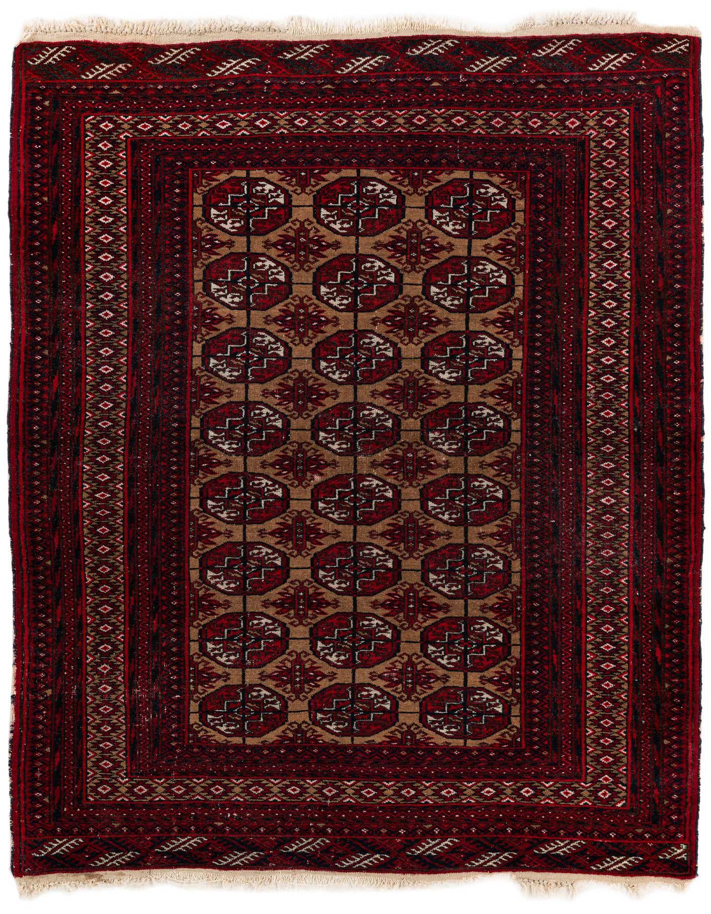 A 3x5 rectangular Torkaman rug featuring a traditional Oriental pattern in browns, tans, and deep reds, with a thin pile.