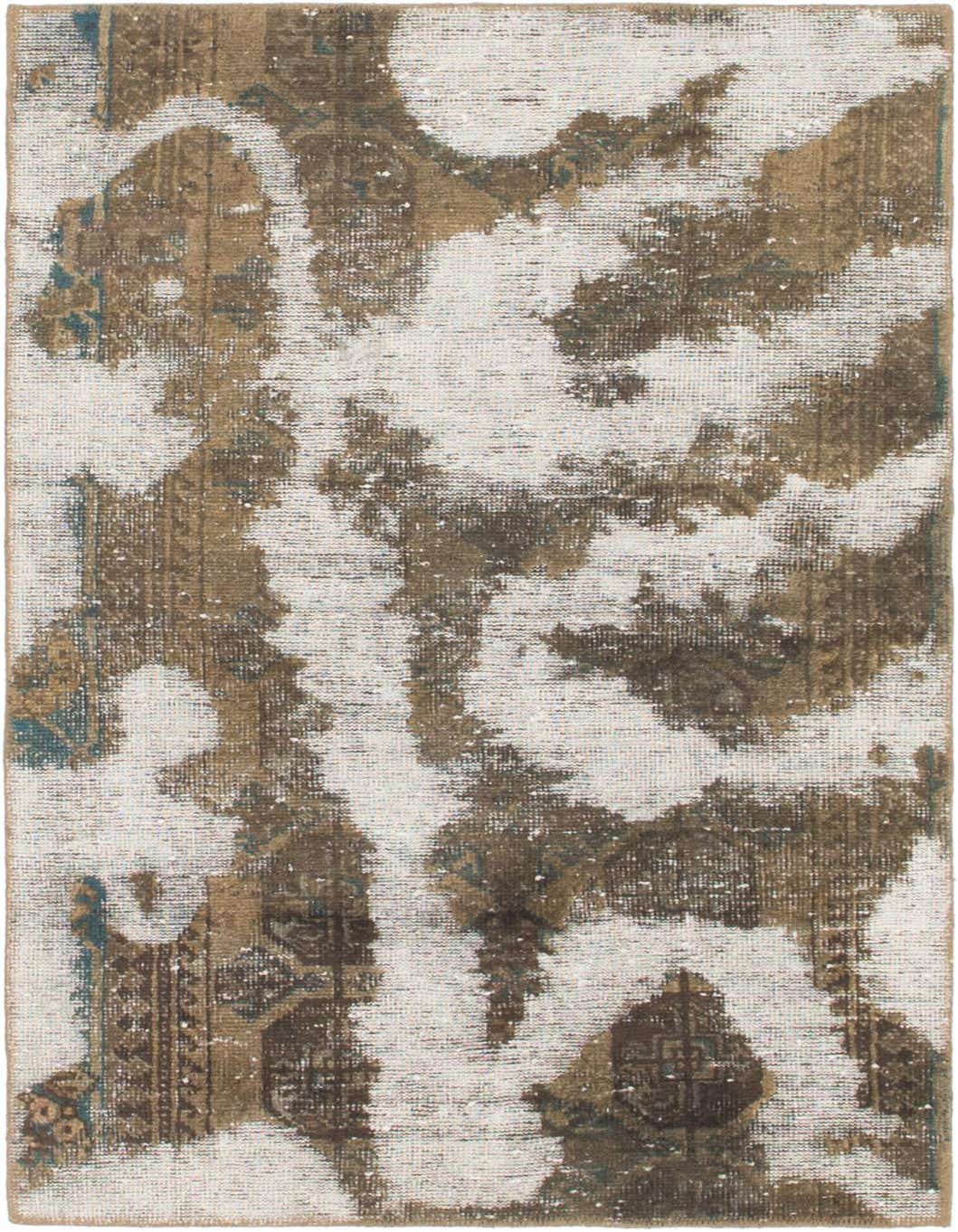 A rectangular 3x4 brown and white wool rug with a distressed Persian-inspired abstract pattern, suitable for indoor spaces.