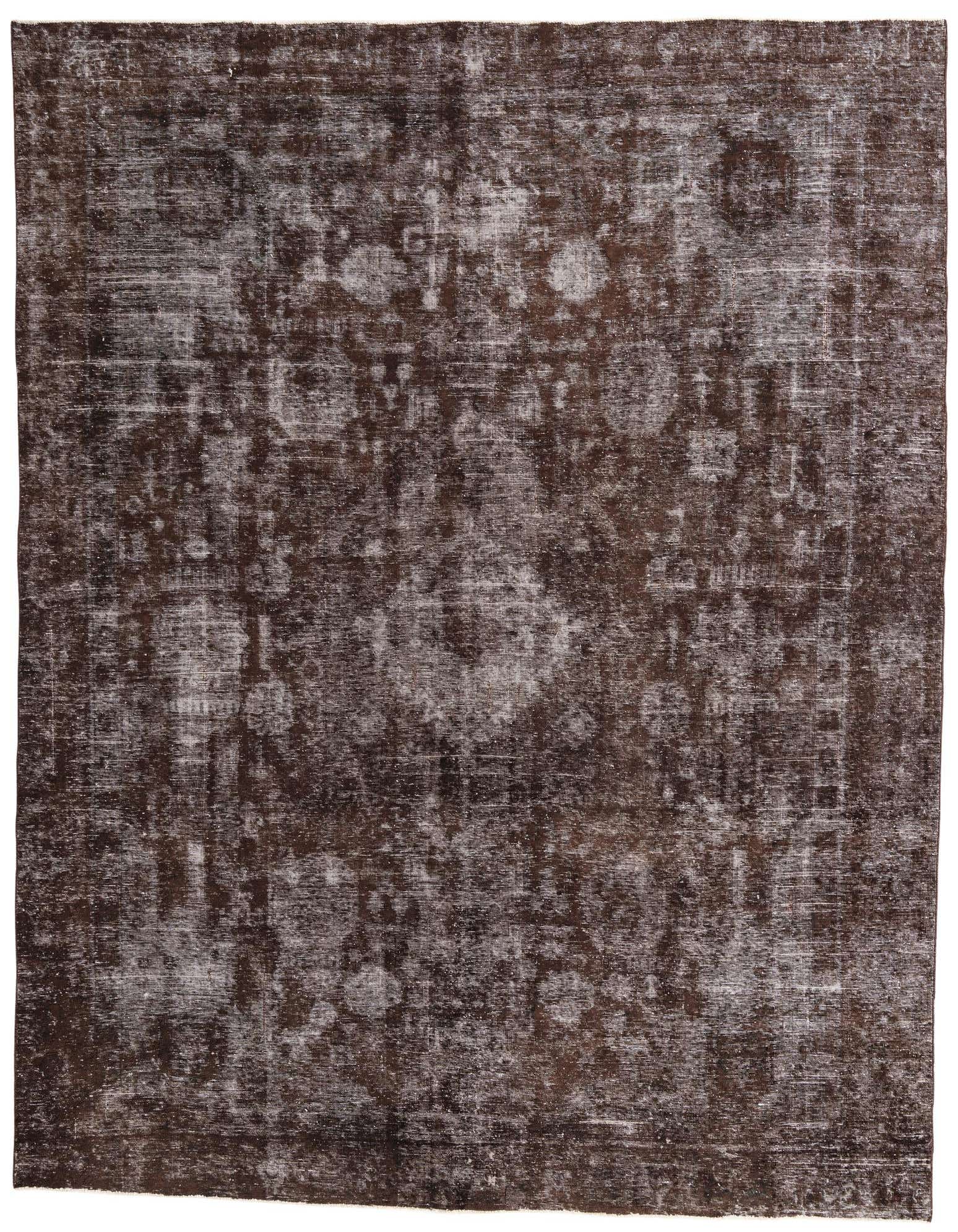 A 9x11 rectangular brown wool rug with a faded Persian-style pattern, featuring abstract tan and white distressed details.