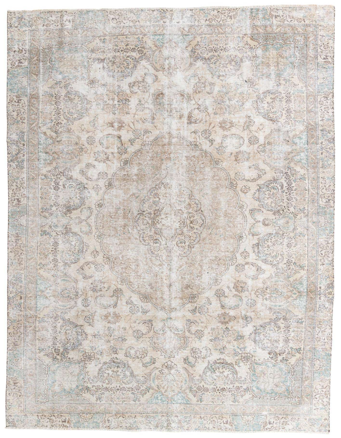An 8x12 rectangular Ultra Vintage Persian rug in browns and tans, featuring a distressed medallion pattern.