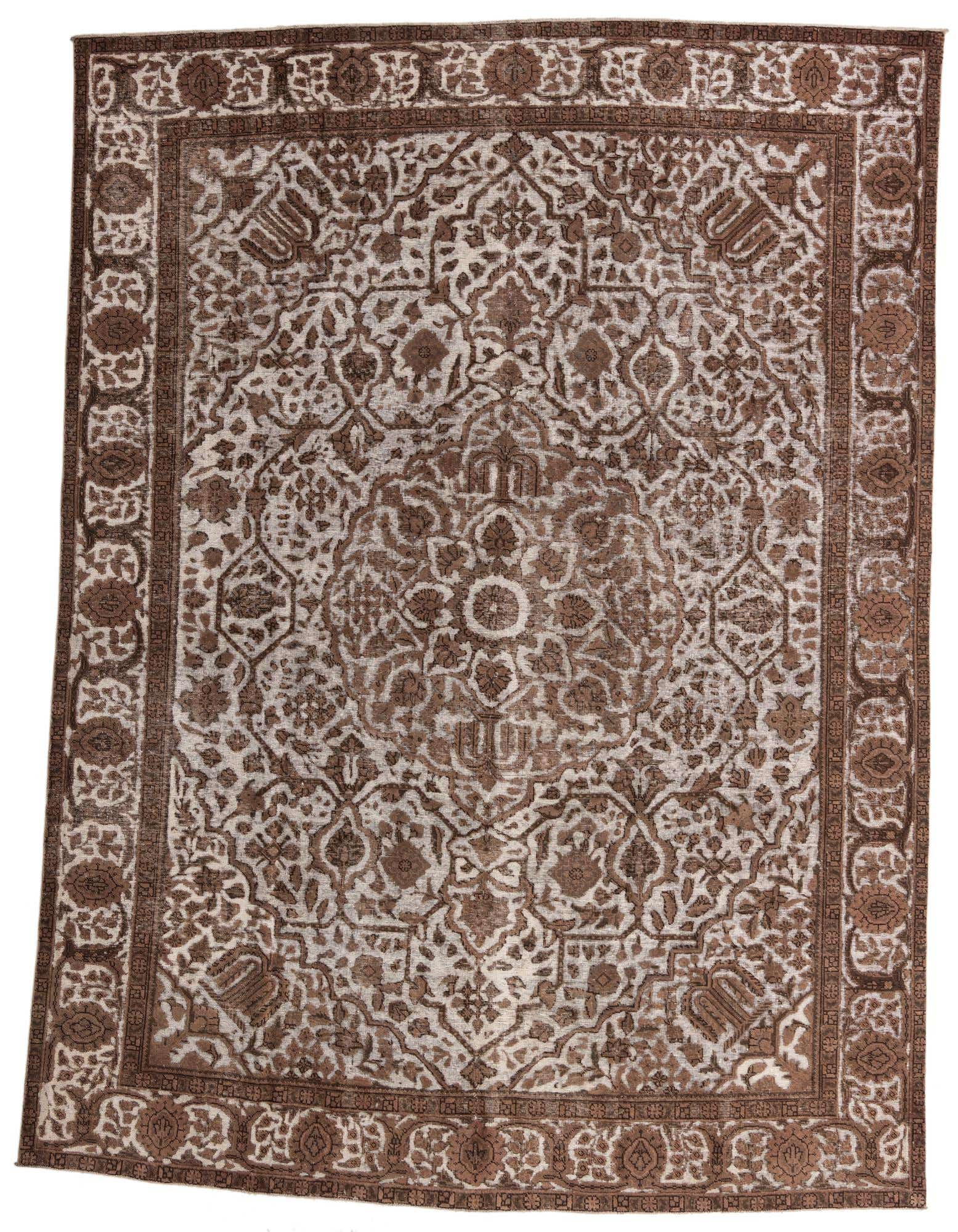 A 9x12 rectangular Ultra Vintage rug in browns and tans, featuring a distressed Persian medallion pattern.