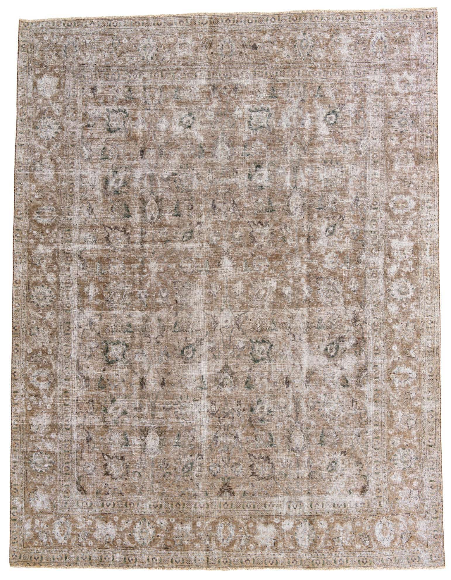 A 9x12 rectangular Ultra Vintage wool rug in browns and tans with a distressed Persian medallion pattern.