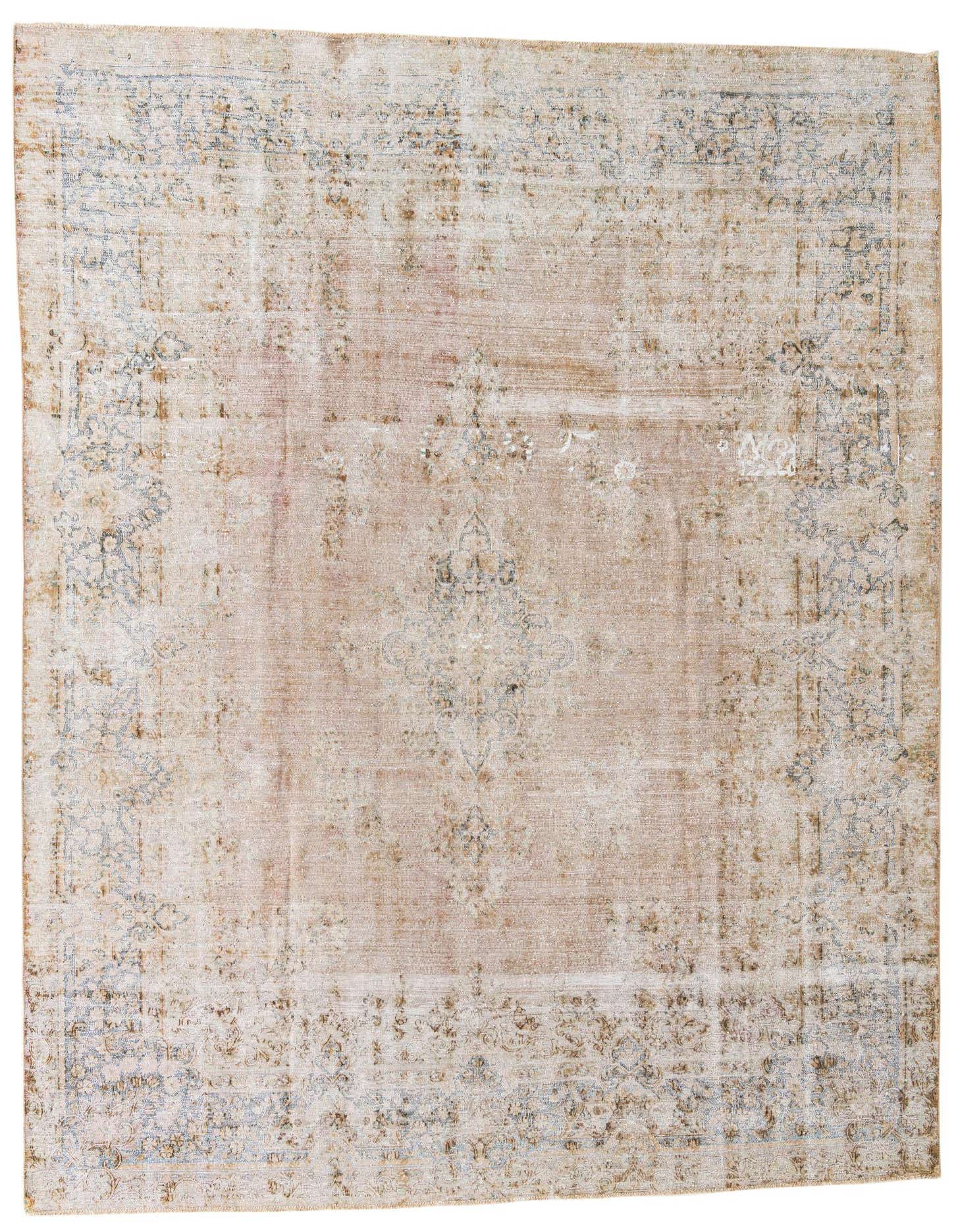 An 8x12 rectangular Ultra Vintage Persian rug in shades of brown and tan with a faded medallion pattern.