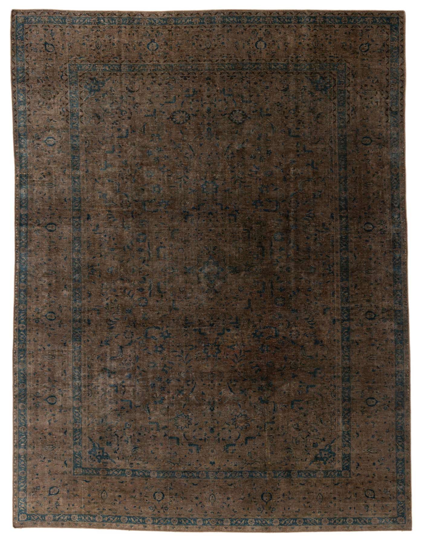 A 9x12 rectangular Ultra Vintage brown and tan wool rug with a faded Persian pattern and blue accents.