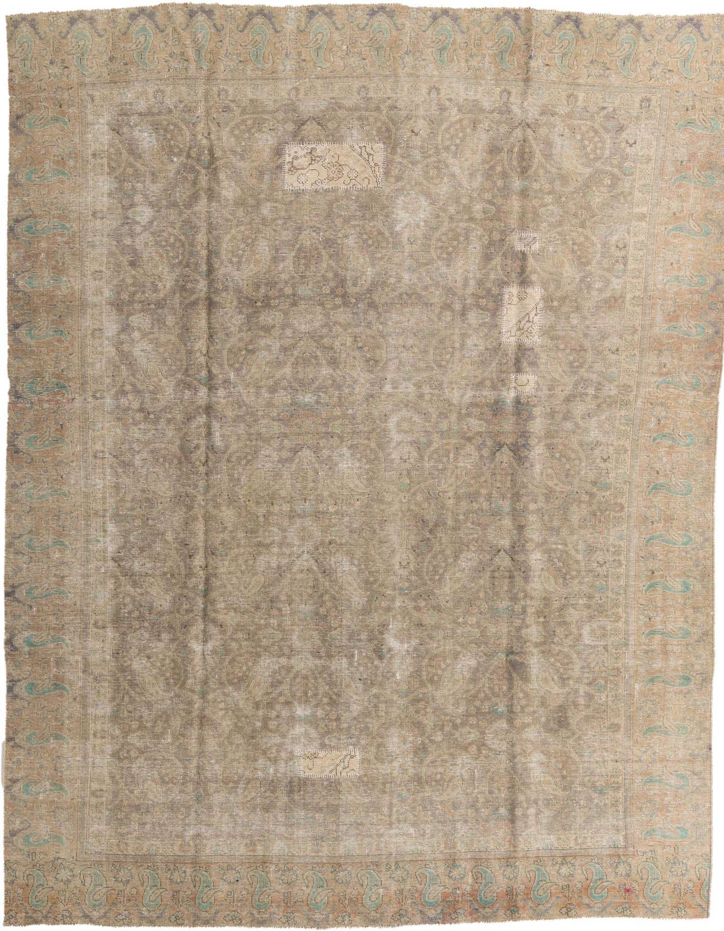 A 9x12 rectangular Ultra Vintage Persian rug in shades of brown and tan, featuring a faded medallion pattern and a border with subtle teal accents.