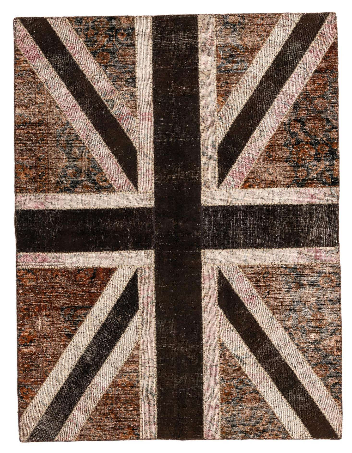 A 6x9 rectangular wool rug featuring a distressed Union Jack flag design in shades of brown, black, and tan.