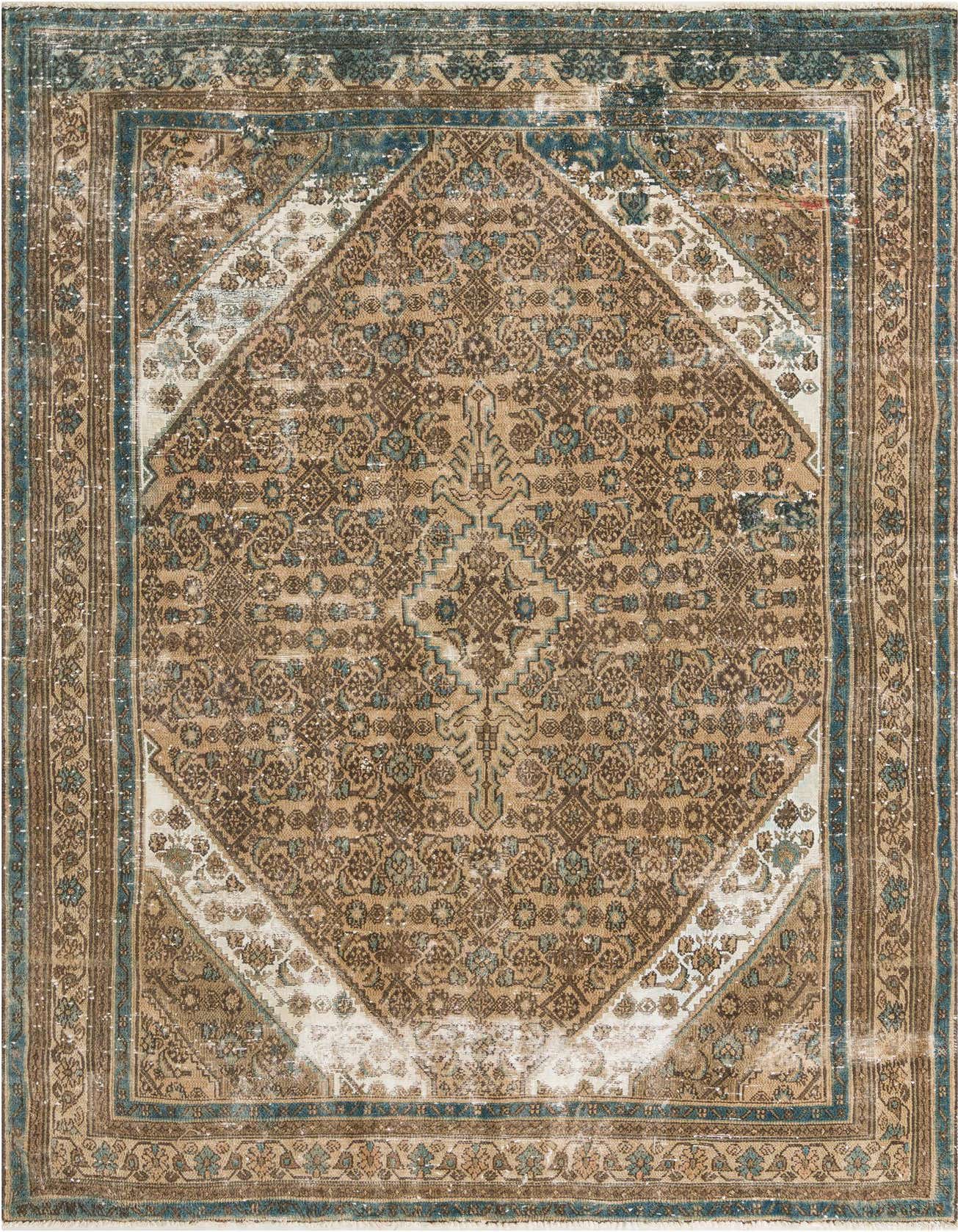 A 7x10 rectangular Ultra Vintage rug with a distressed brown and tan Persian medallion pattern, accented with faded blue borders, suitable for a living room.