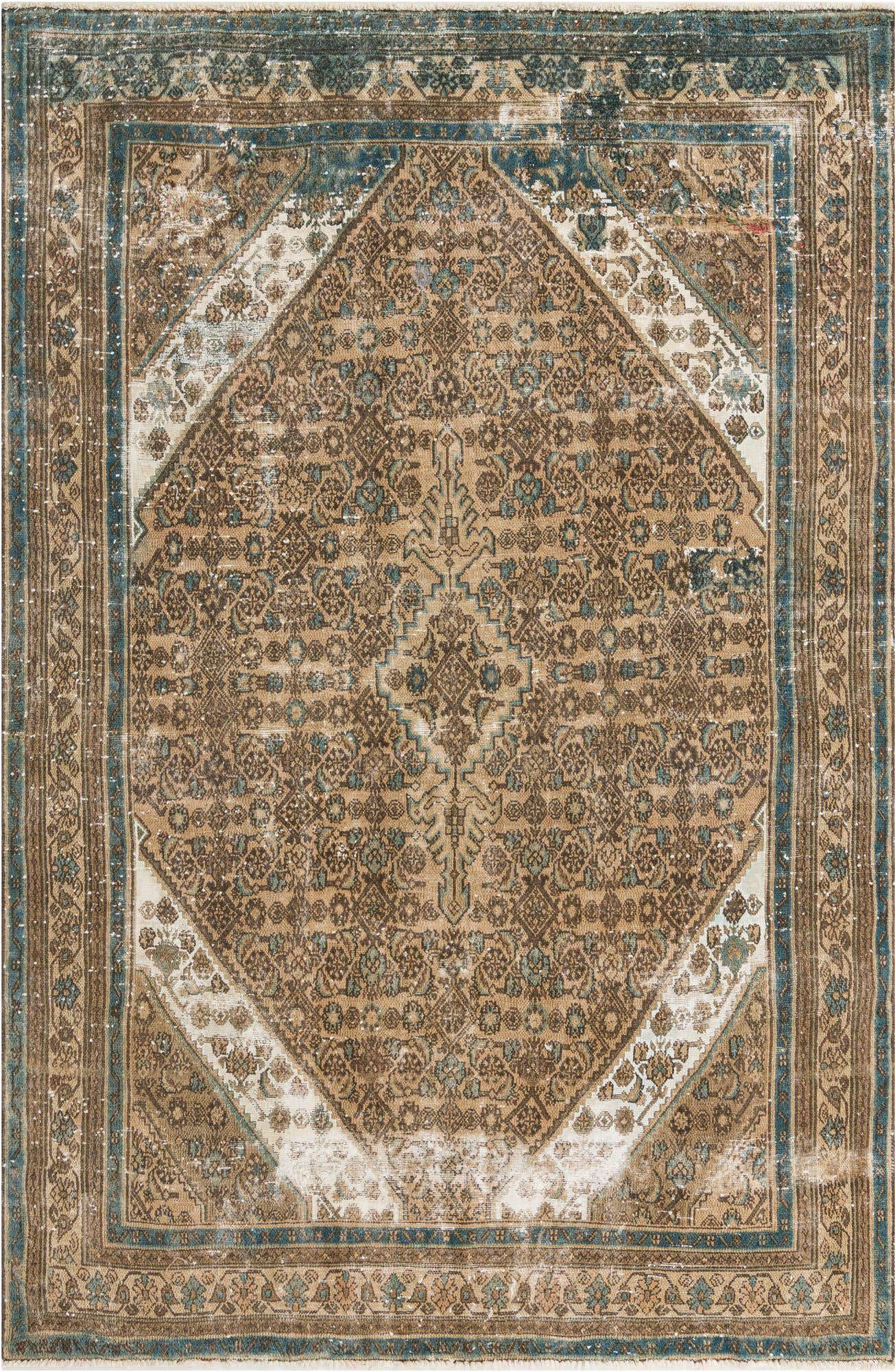 A 7x10 rectangular Ultra Vintage rug with a distressed brown and tan Persian medallion pattern, accented with faded blue borders, suitable for a living room.