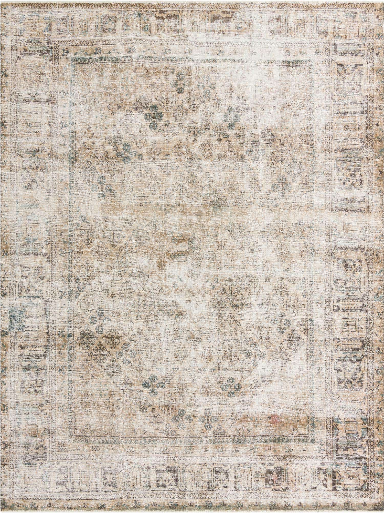 A 9x12 rectangular Ultra Vintage rug with a faded Persian medallion pattern in browns, tans, and hints of blue.