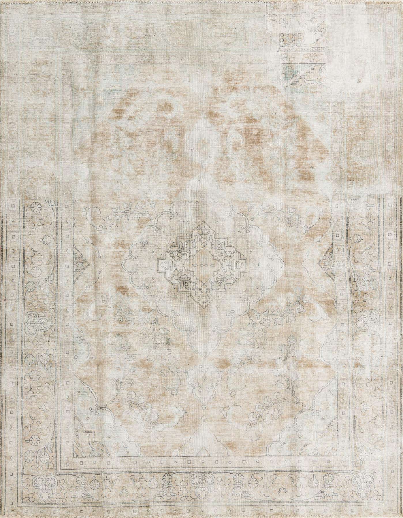 A large 8x11 rectangular Ultra Vintage wool rug in browns and tans with a distressed Persian medallion pattern.