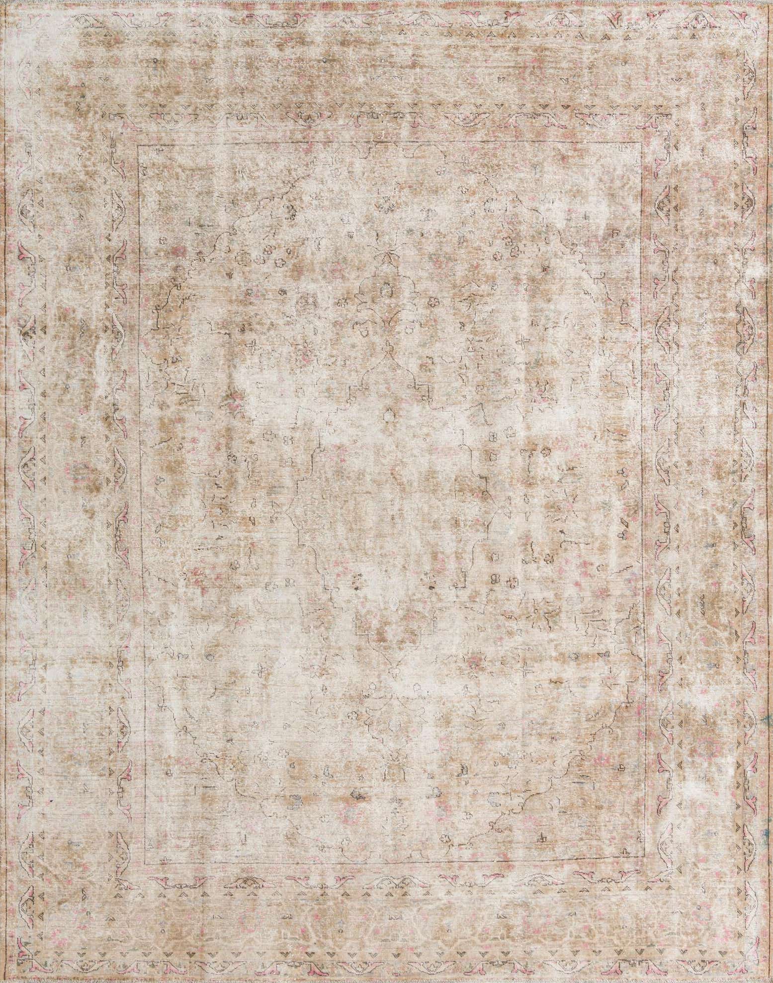 A 10x12 rectangular brown and tan Persian-style wool rug with a faded vintage medallion pattern and subtle pink accents.