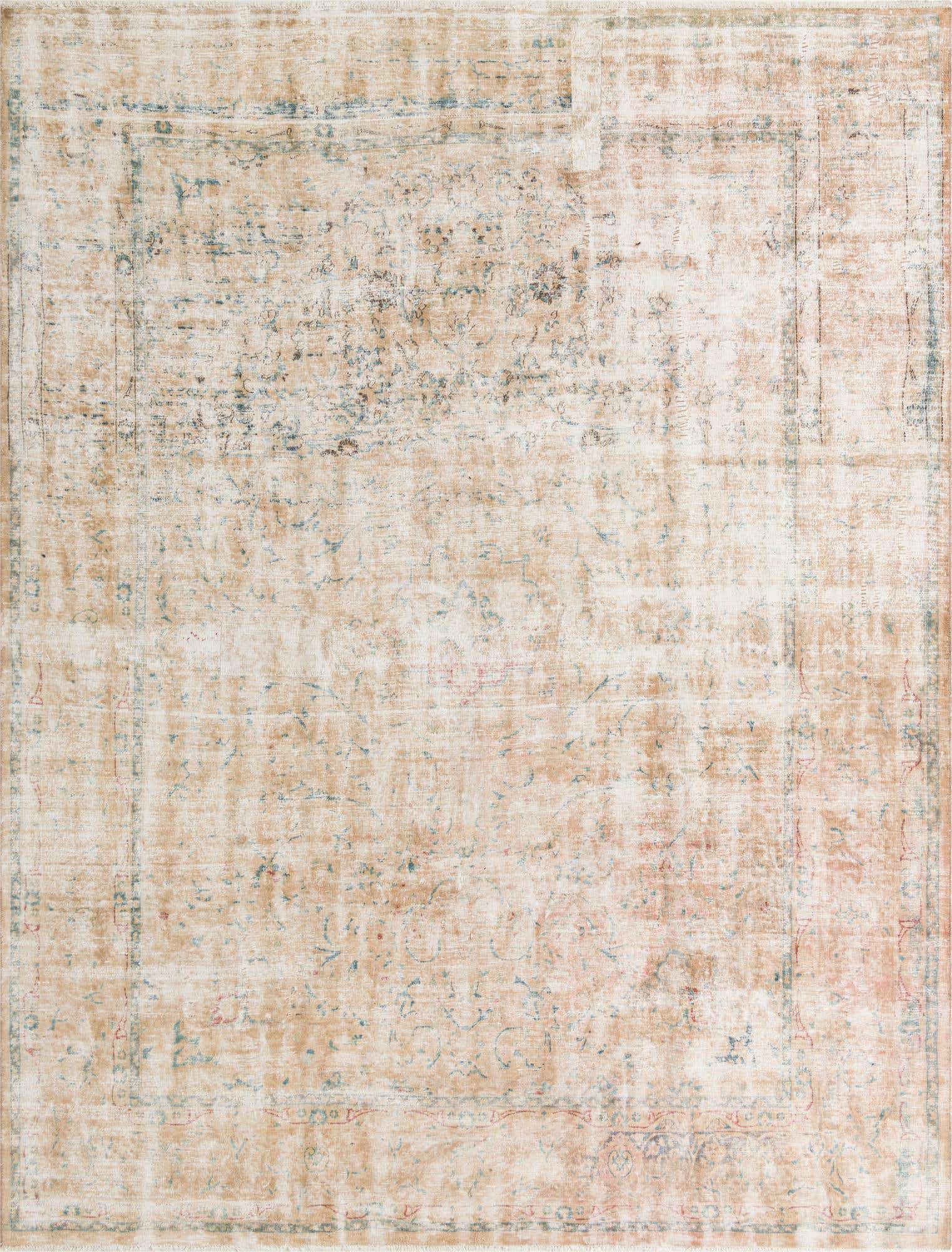 A 10x13 rectangular indoor rug with a distressed Persian medallion pattern in browns, tans, and faded blues.