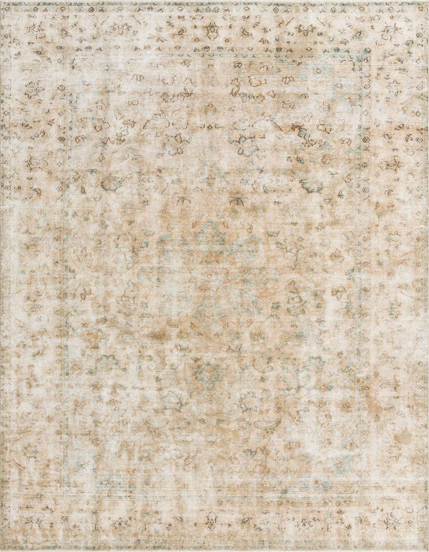 An 8x11 rectangular Ultra Vintage wool rug in browns and tans with a distressed Persian medallion pattern.