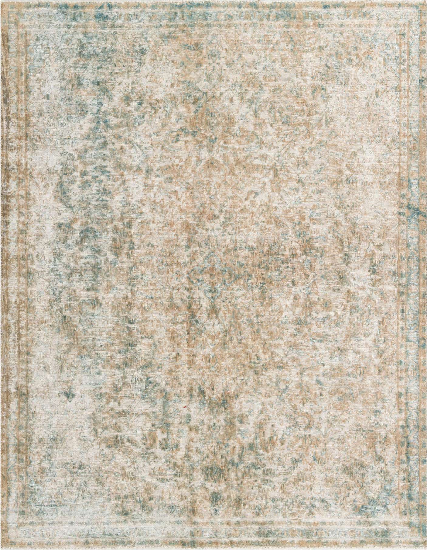A 7x10 rectangular Ultra Vintage rug with a distressed Persian medallion pattern in browns, tans, and hints of blue.