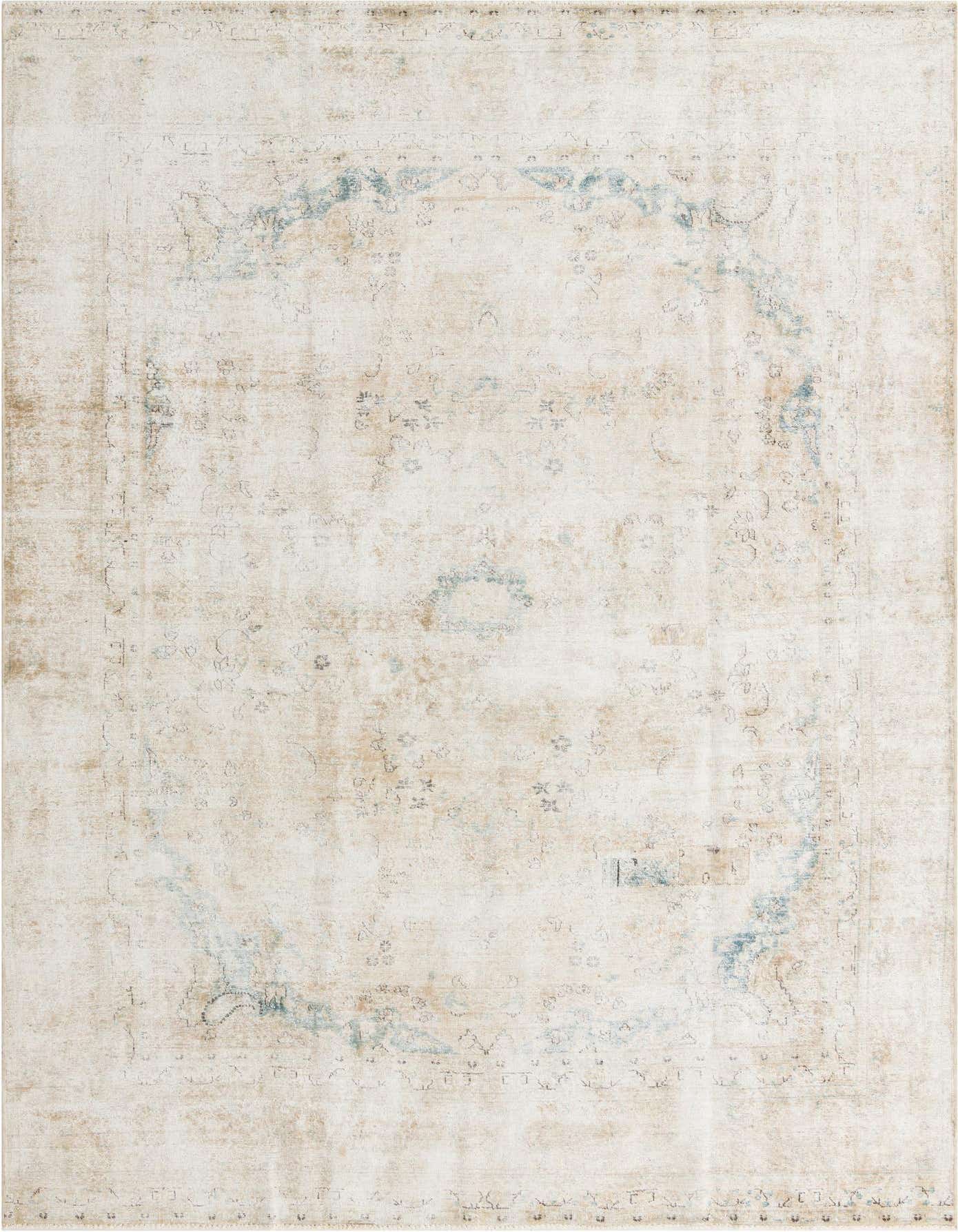 A 9x12 rectangular Ultra Vintage rug featuring a distressed Persian pattern in subtle browns, tans, and hints of blue.