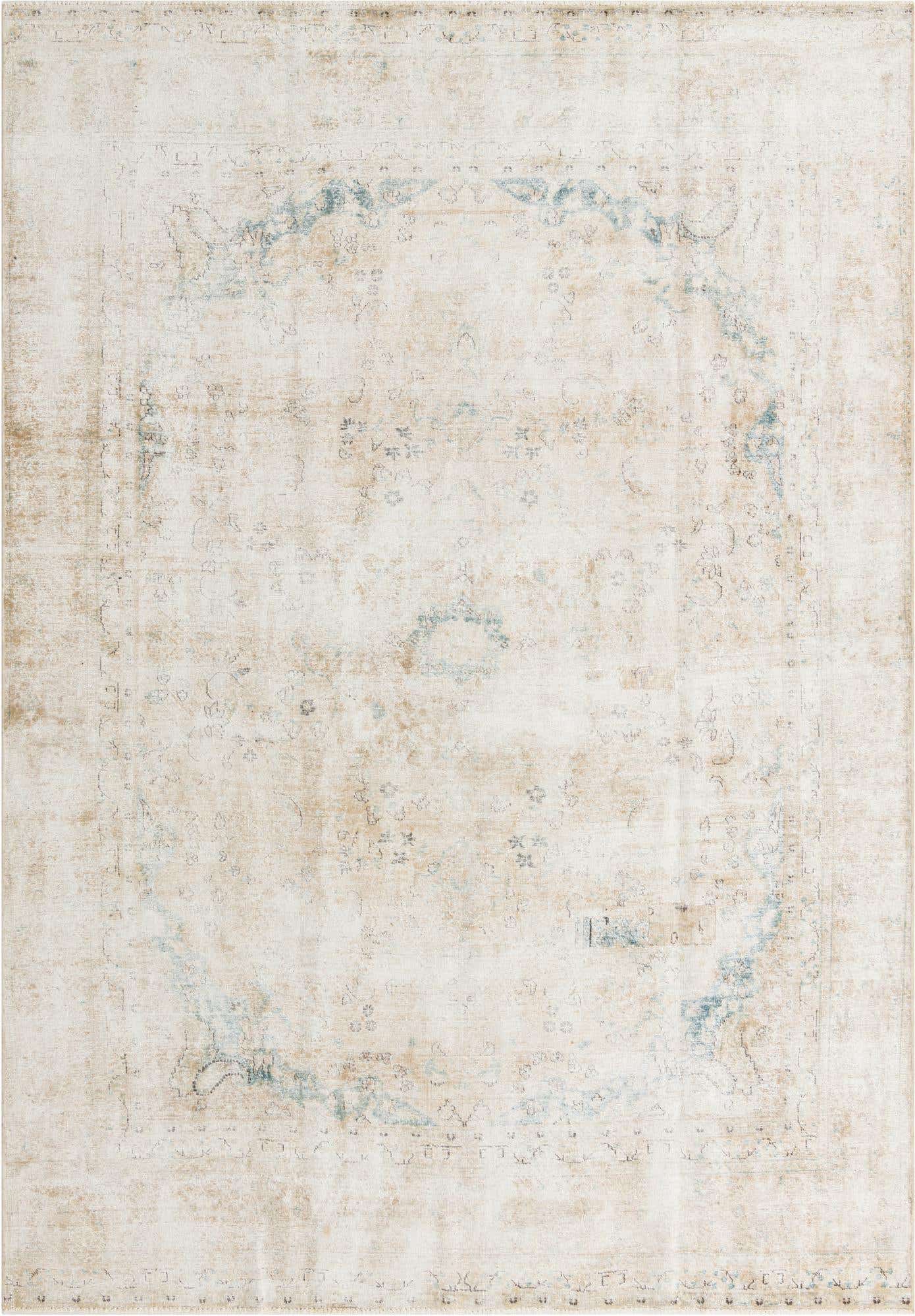 A 9x12 rectangular Ultra Vintage rug featuring a distressed Persian pattern in subtle browns, tans, and hints of blue.