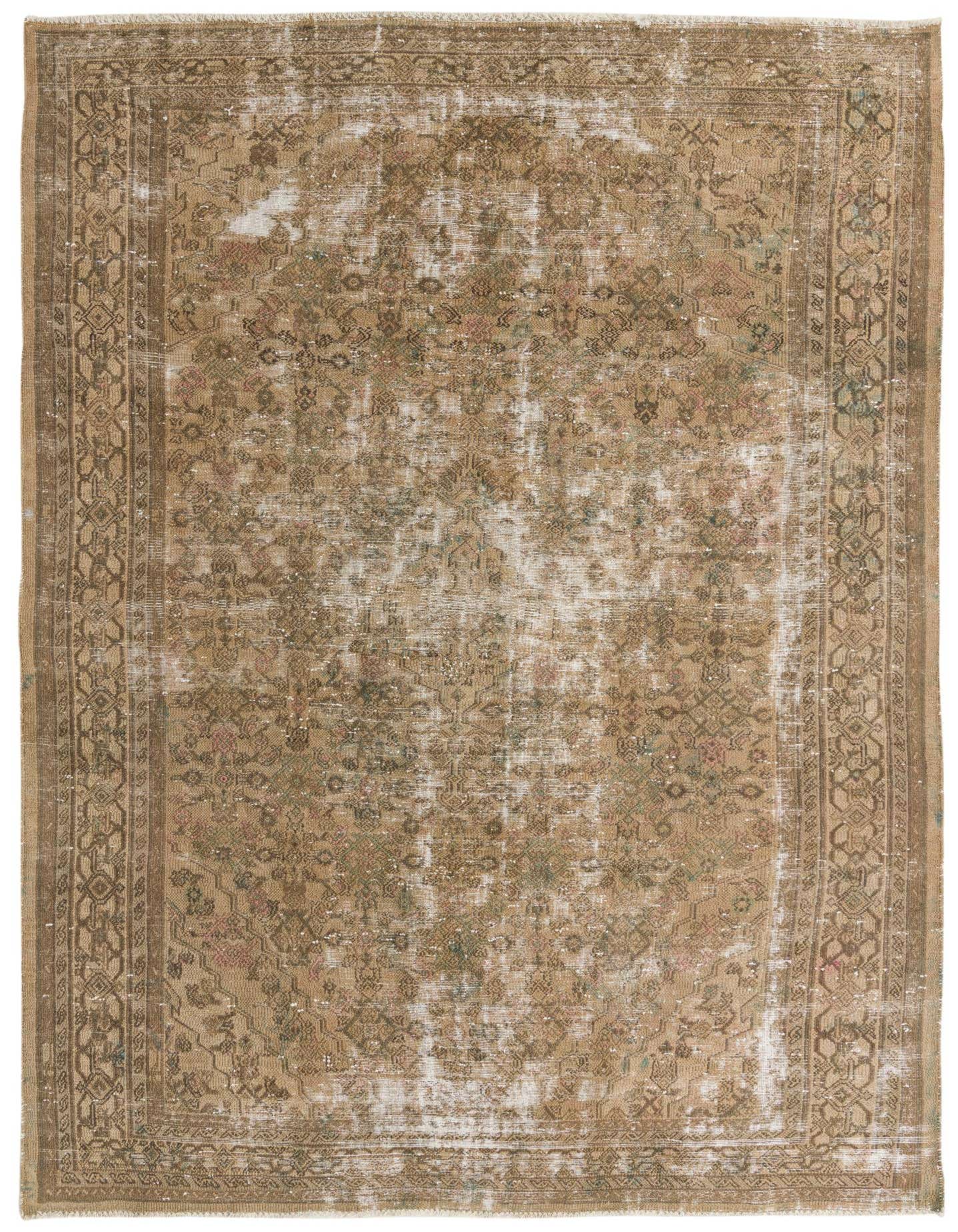 A 7x10 rectangular Ultra Vintage rug in shades of brown and tan, featuring a distressed Persian pattern with a decorative border.