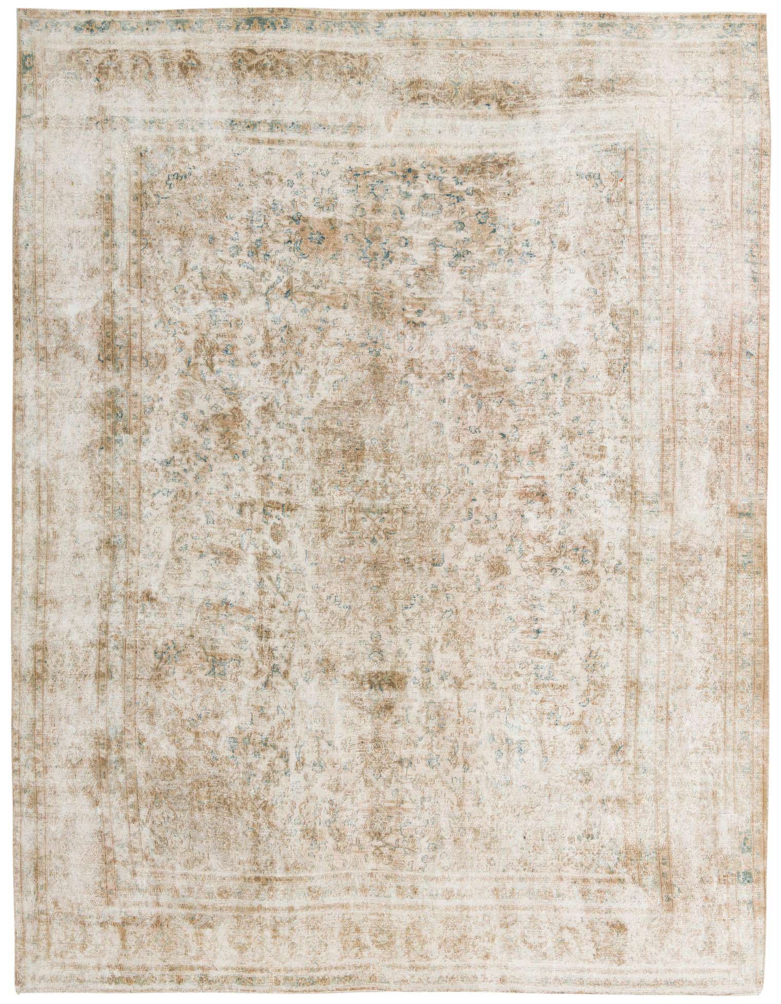 A 9x12 rectangular Ultra Vintage wool rug in browns and tans with a distressed Persian medallion pattern.