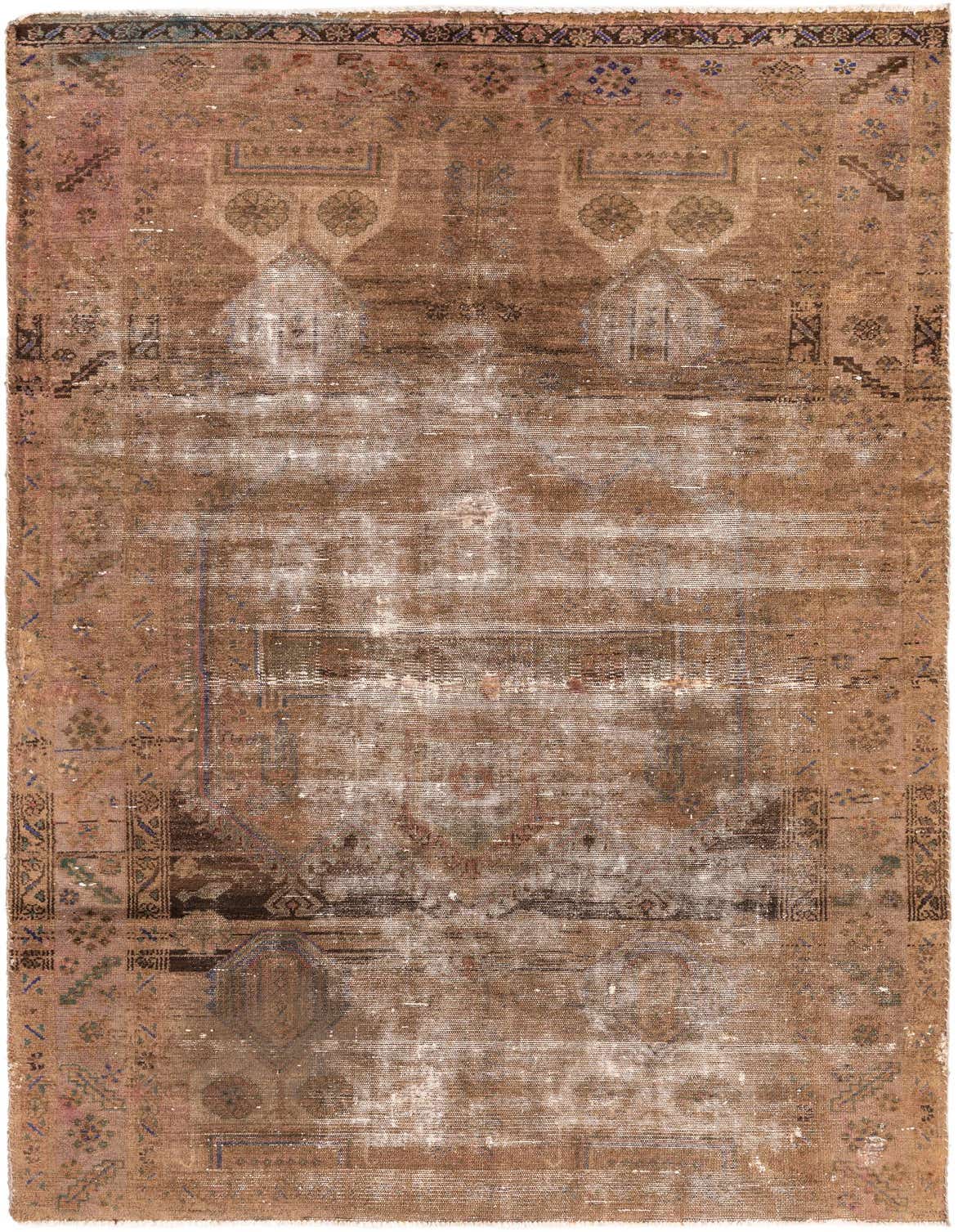 A 5x8 rectangular brown and tan Persian vintage wool rug with a faded medallion pattern, ideal for a living room.