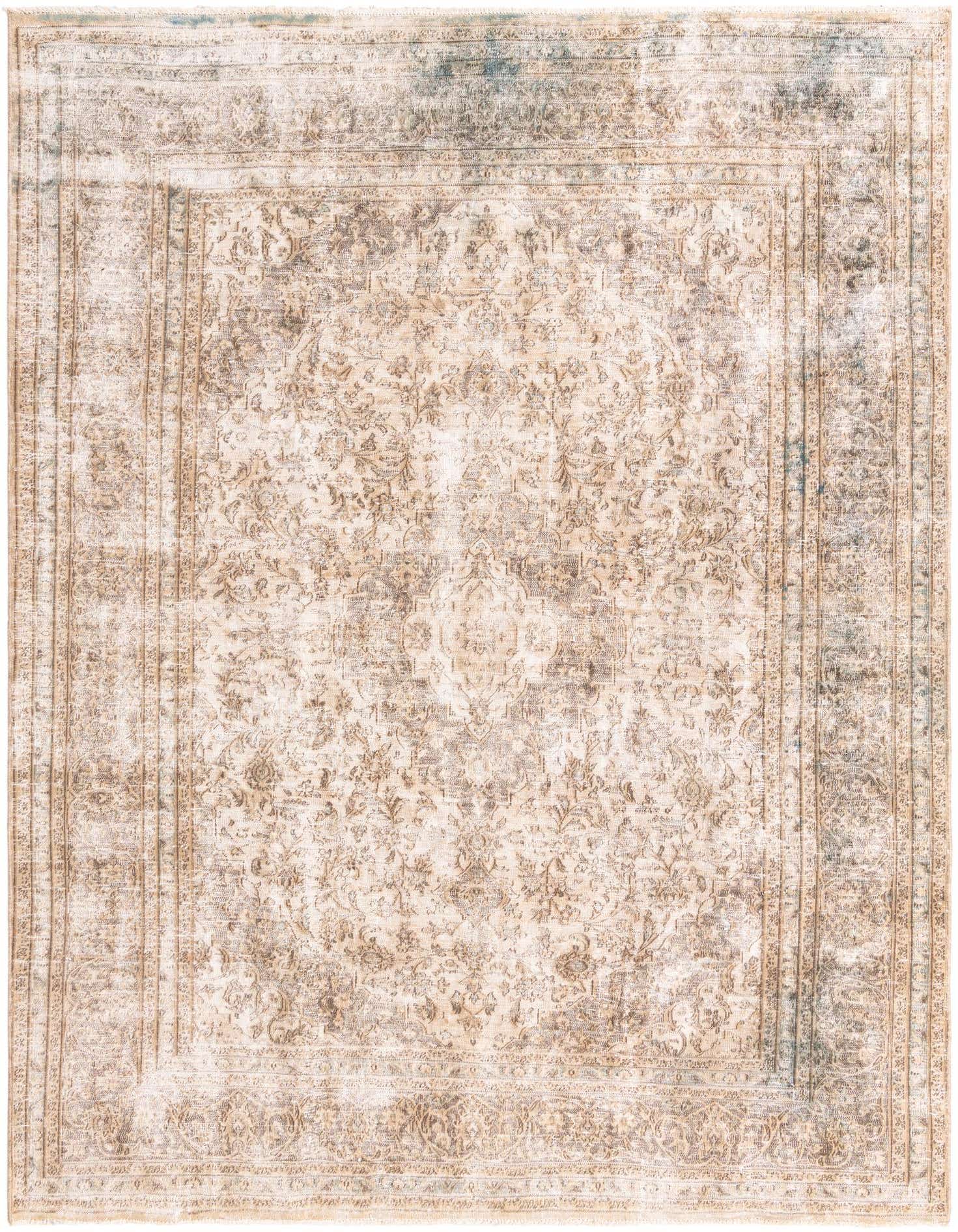 An 8x11 rectangular Ultra Vintage wool rug in browns and tans with a distressed Persian medallion pattern.