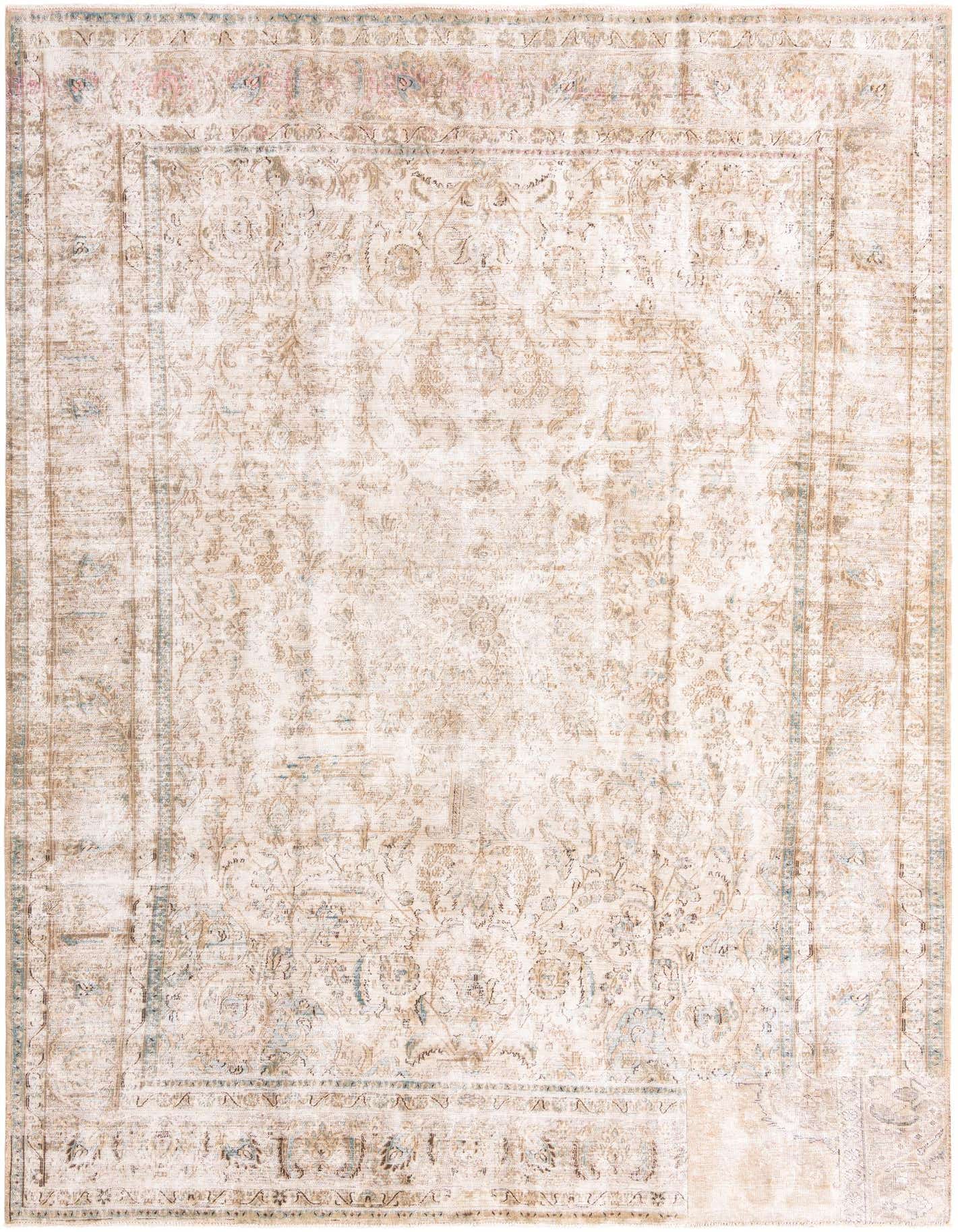 A 10x13 rectangular indoor rug featuring a distressed Persian medallion pattern in shades of brown, tan, and cream.