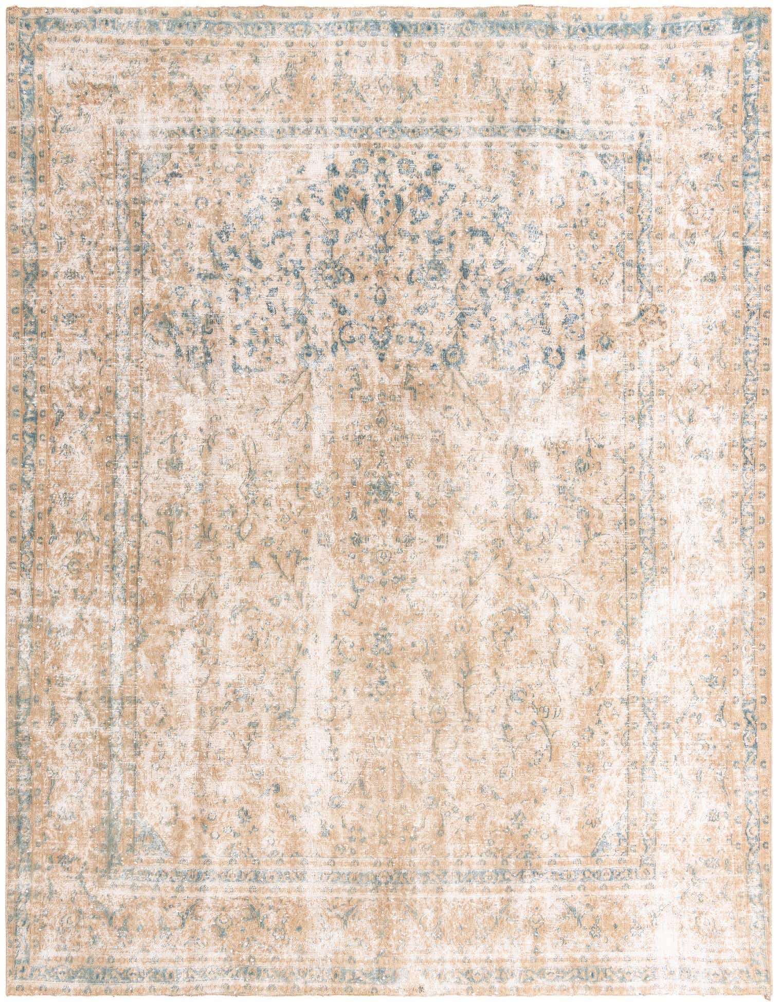 A 9x12 rectangular Ultra Vintage wool rug in distressed brown and tan with faded blue Persian patterns.