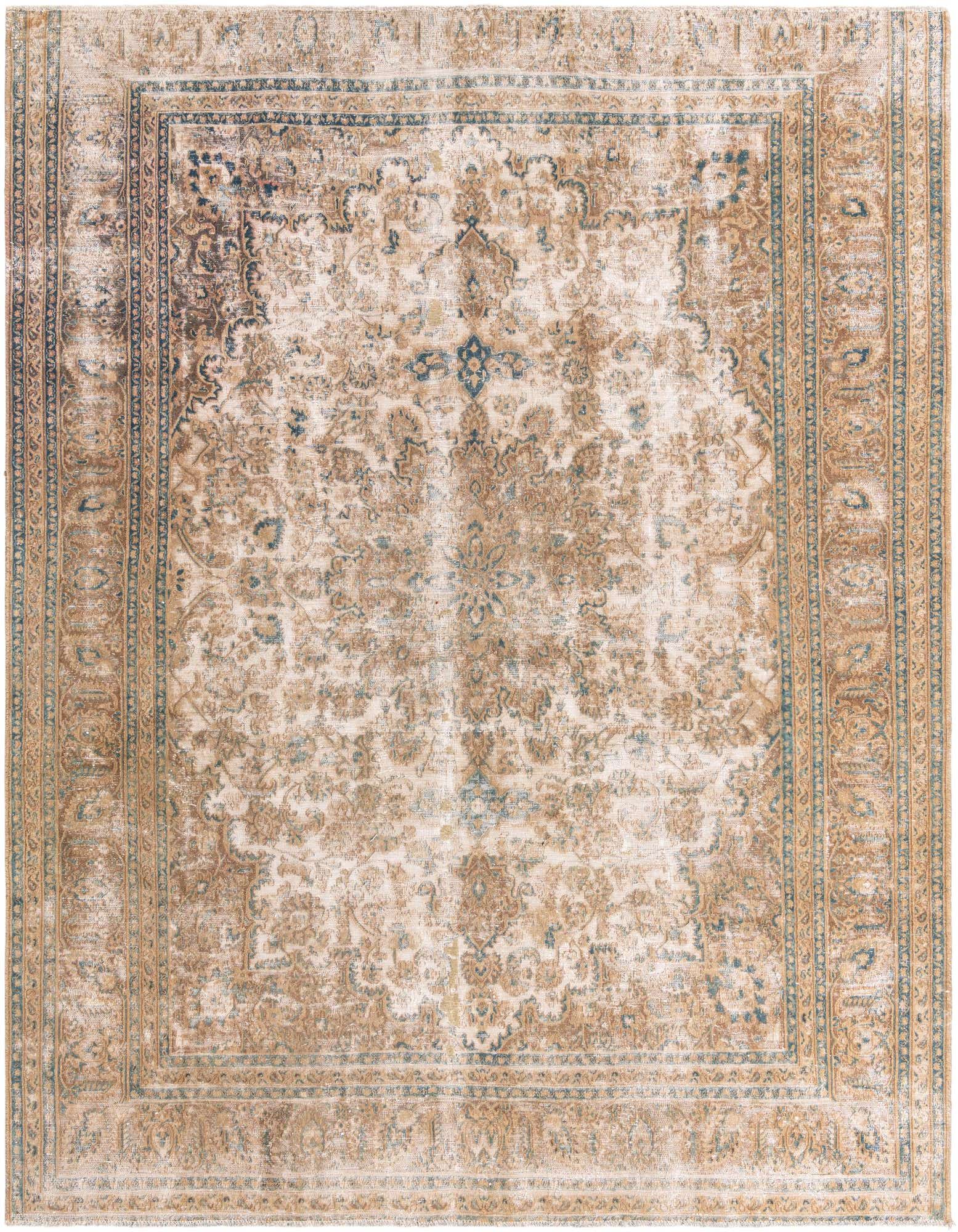 A 9x12 rectangular Ultra Vintage wool rug in browns and tans with a distressed Persian medallion pattern.