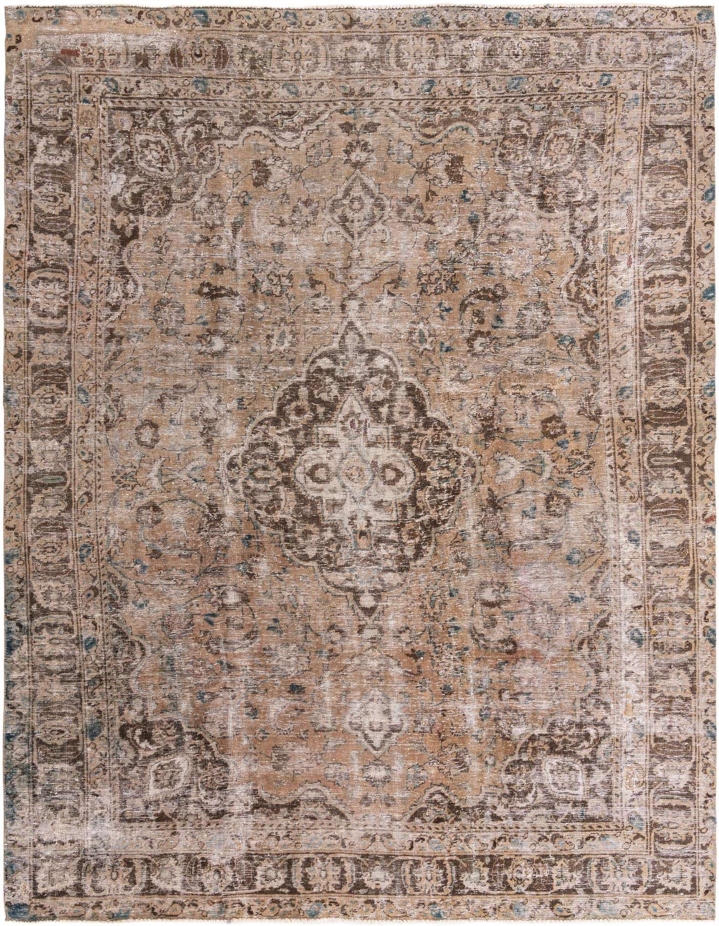 A 10x13 rectangular brown and tan Persian-style wool rug with a distressed vintage medallion pattern, ideal for a living room.