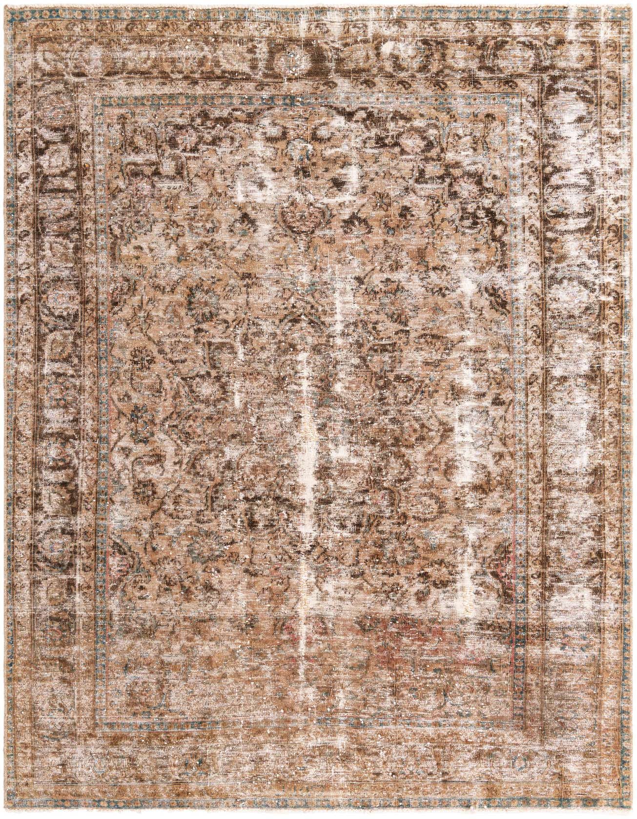 A 6x9 rectangular brown and tan Persian-style wool rug with a distressed medallion pattern, ideal for a living room.